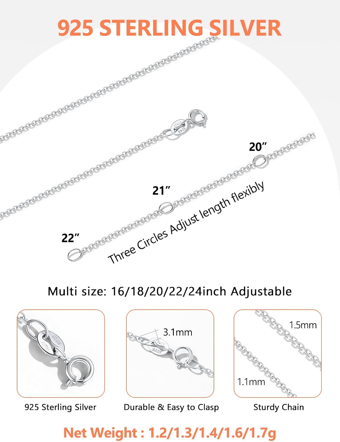 Detalle 2 de Silvora Chaîne collier femme argent 925 / plaqué or, maillons rolo, 41 à 61 cm