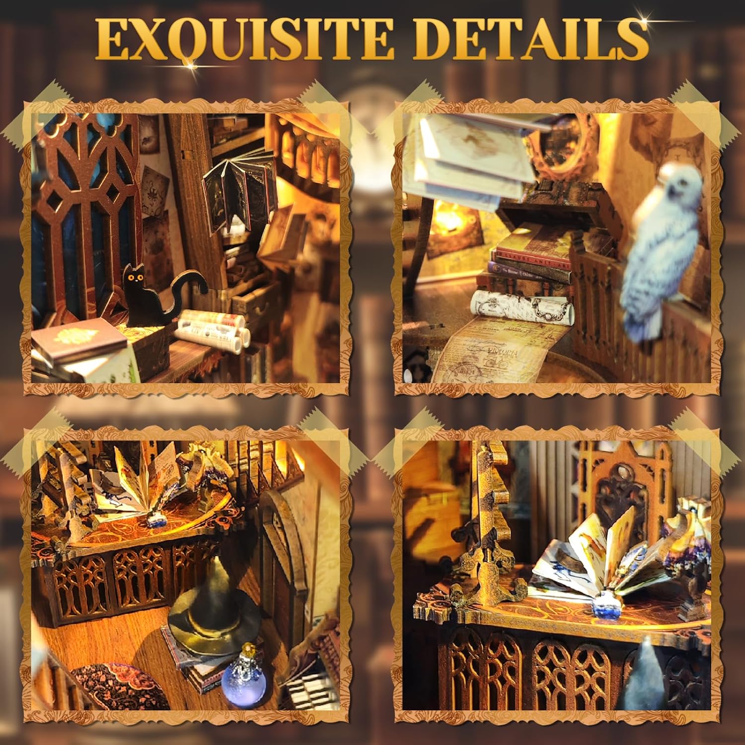 Detalle de RONSTONE Magische Wereld Book Nook Kit – houten 3D-puzzel met ledlicht en stofhoes