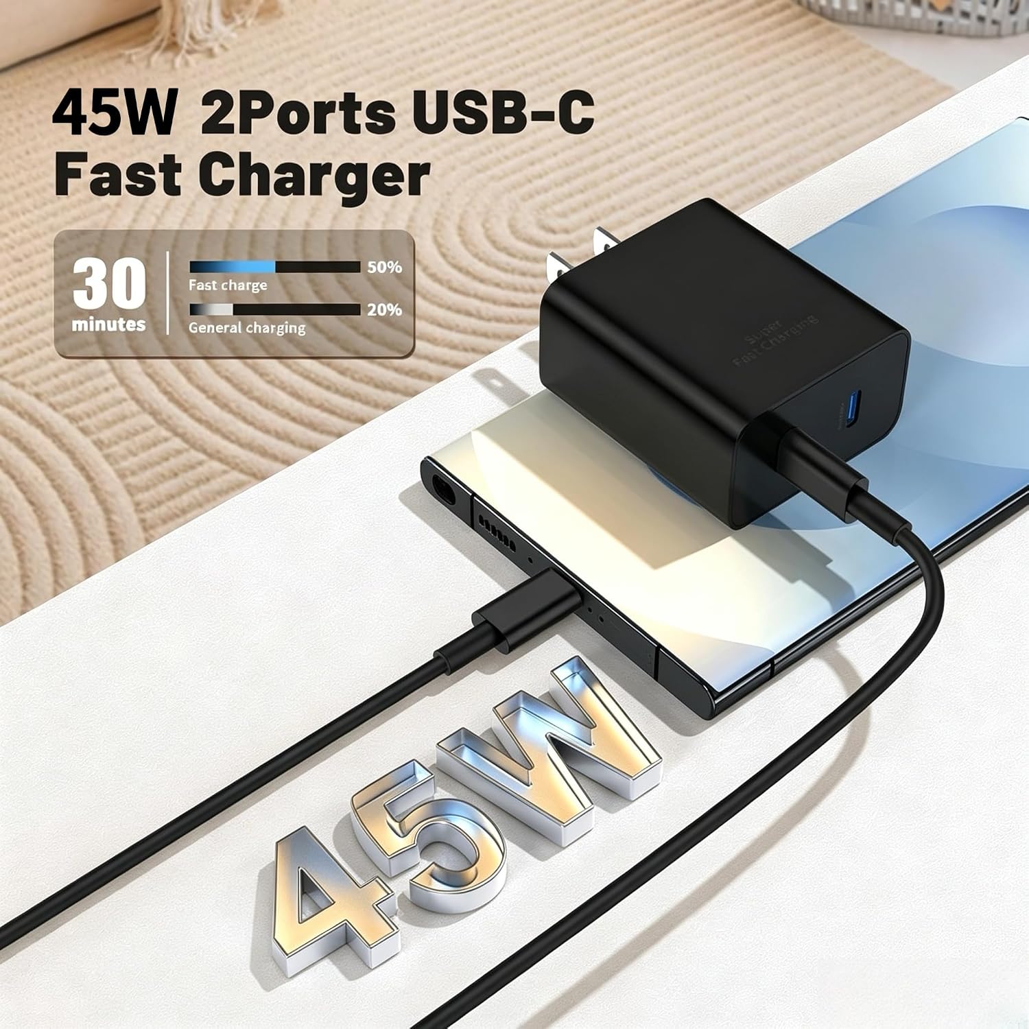 Detalle de 45W Dual Port Super Fast Charger with Long USB C to C Cable (10ft) — Type C Wall Charger Block for Samsung Galaxy Phones