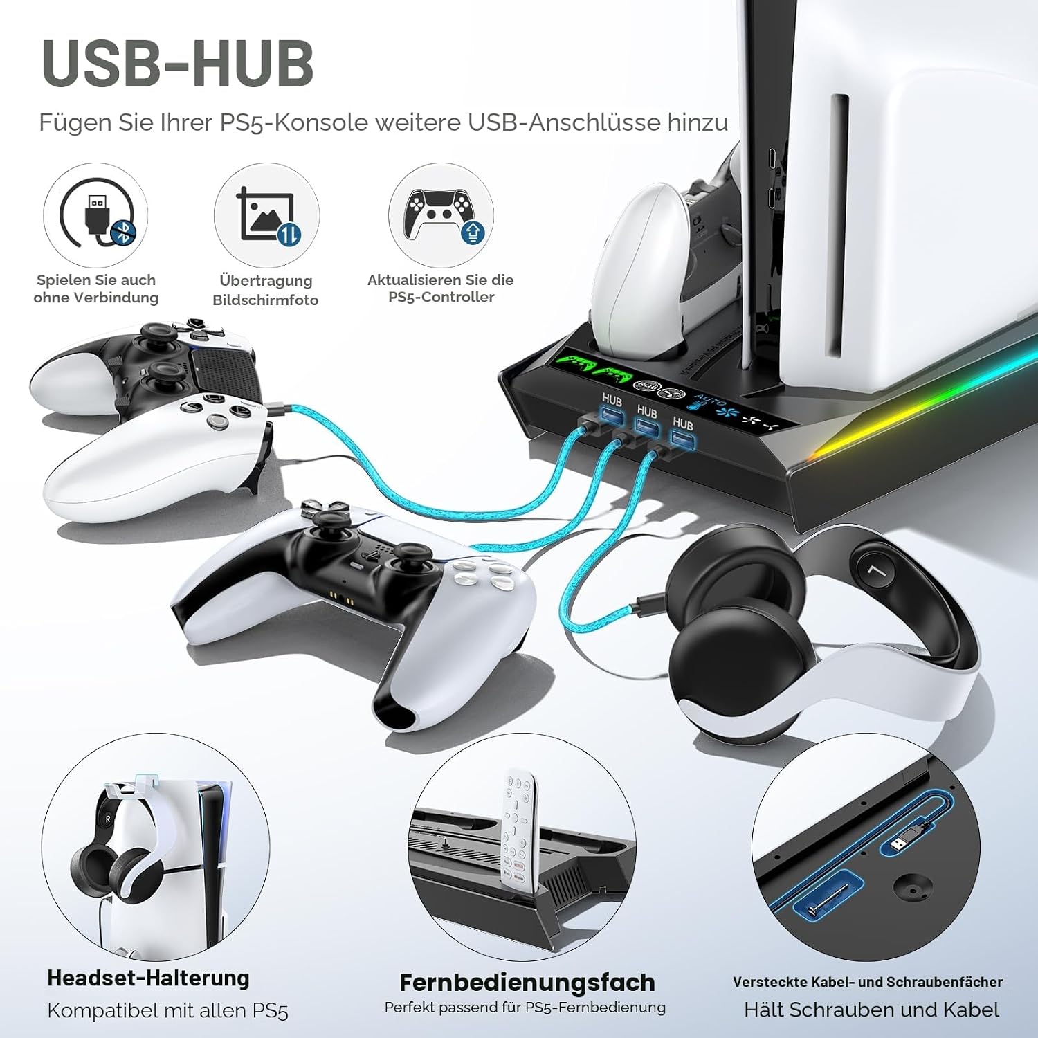 Thumbnail 4 de Rysker PS5/PS5 Slim/PS5 Pro Ständer für Disc & Digital – 3-stufige Kühlstation mit RGB-LED und Controller-Ladegerät (Schwarz)