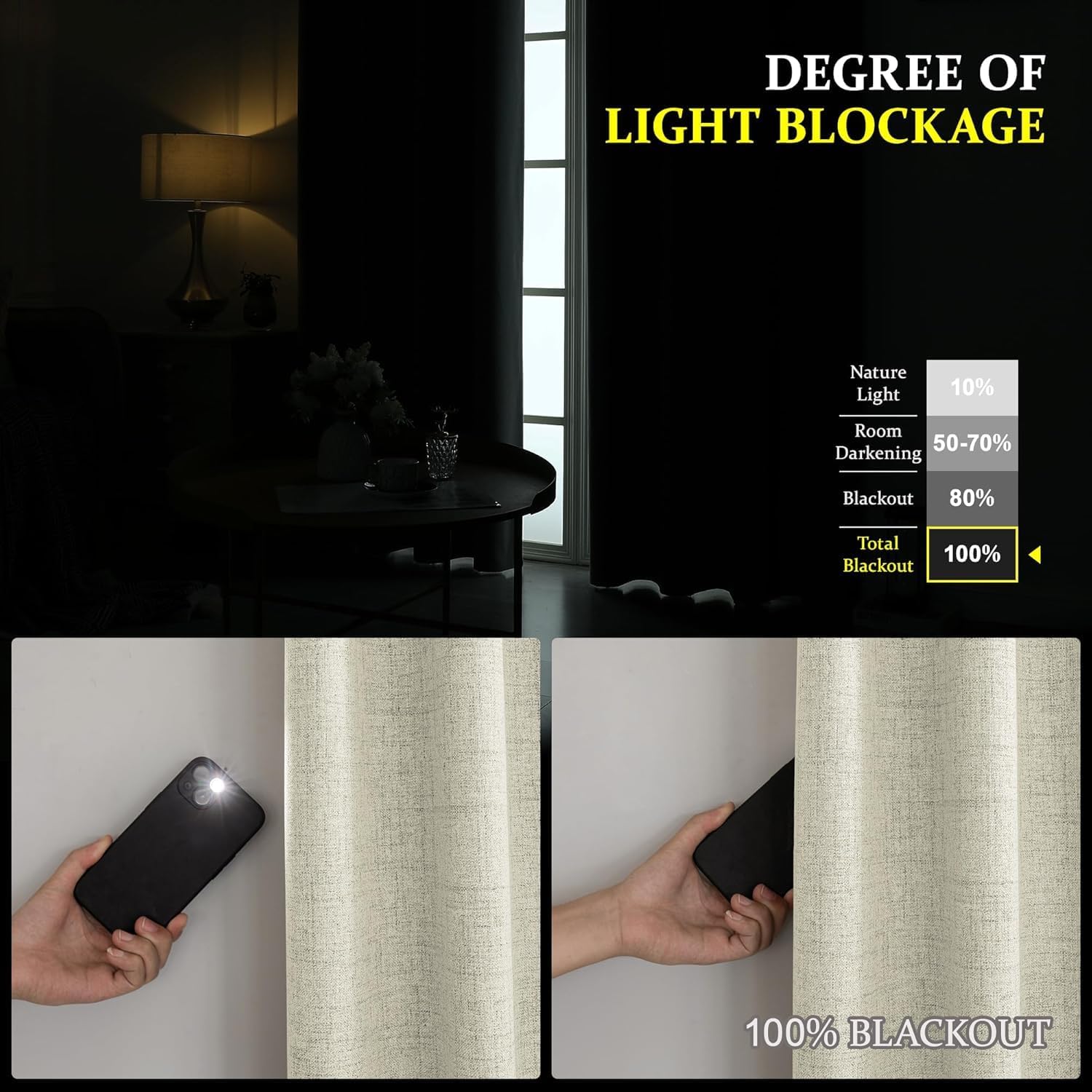 Detalle 2 de CUCRAF 100% blackout curtains (Light Beige) – 72 inch drop, 2 panels, thermal eyelet curtains