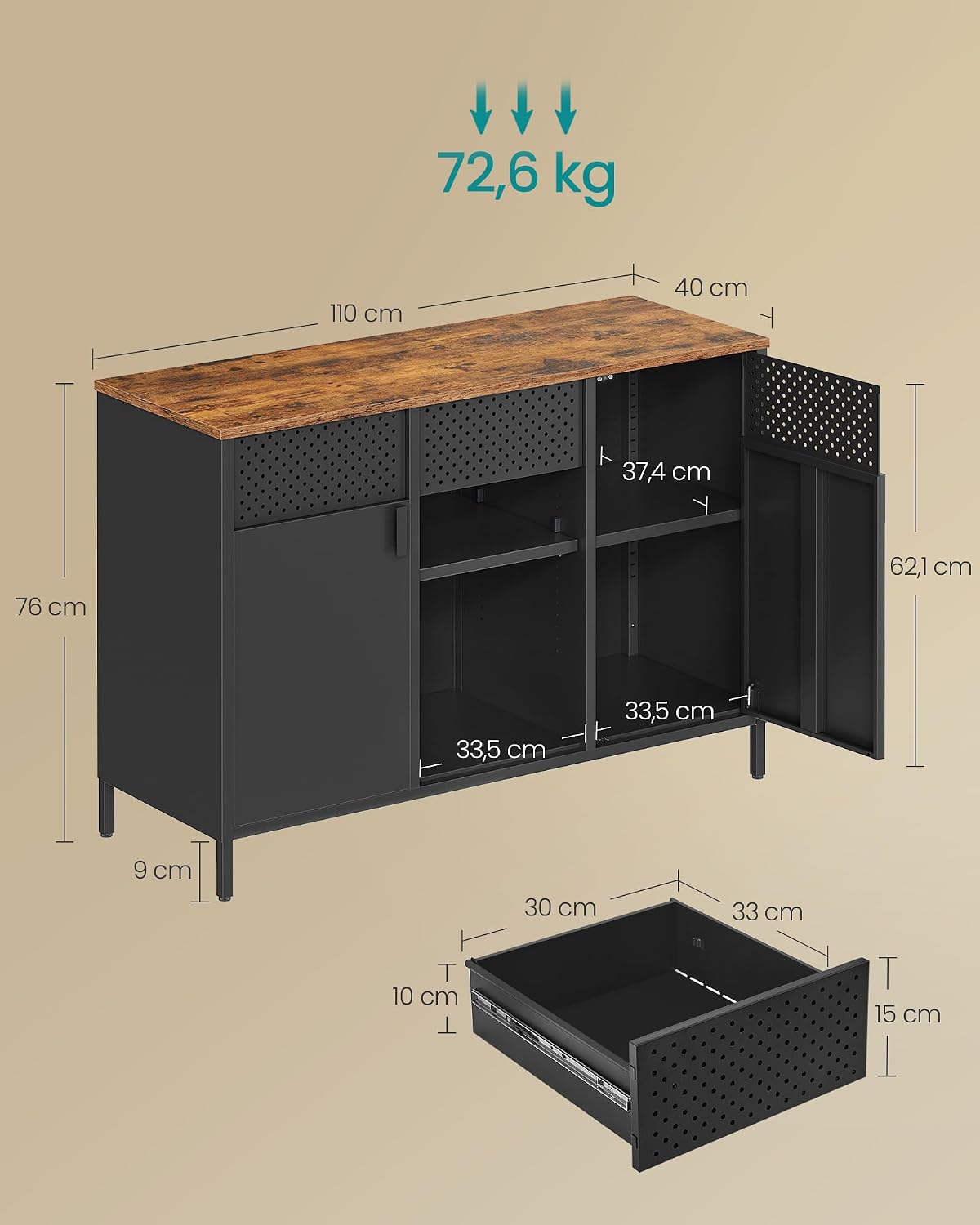 Thumbnail 2 de SONGMICS LSC204B01 Metal Sideboard with Adjustable Shelves, Rustic Brown and Black