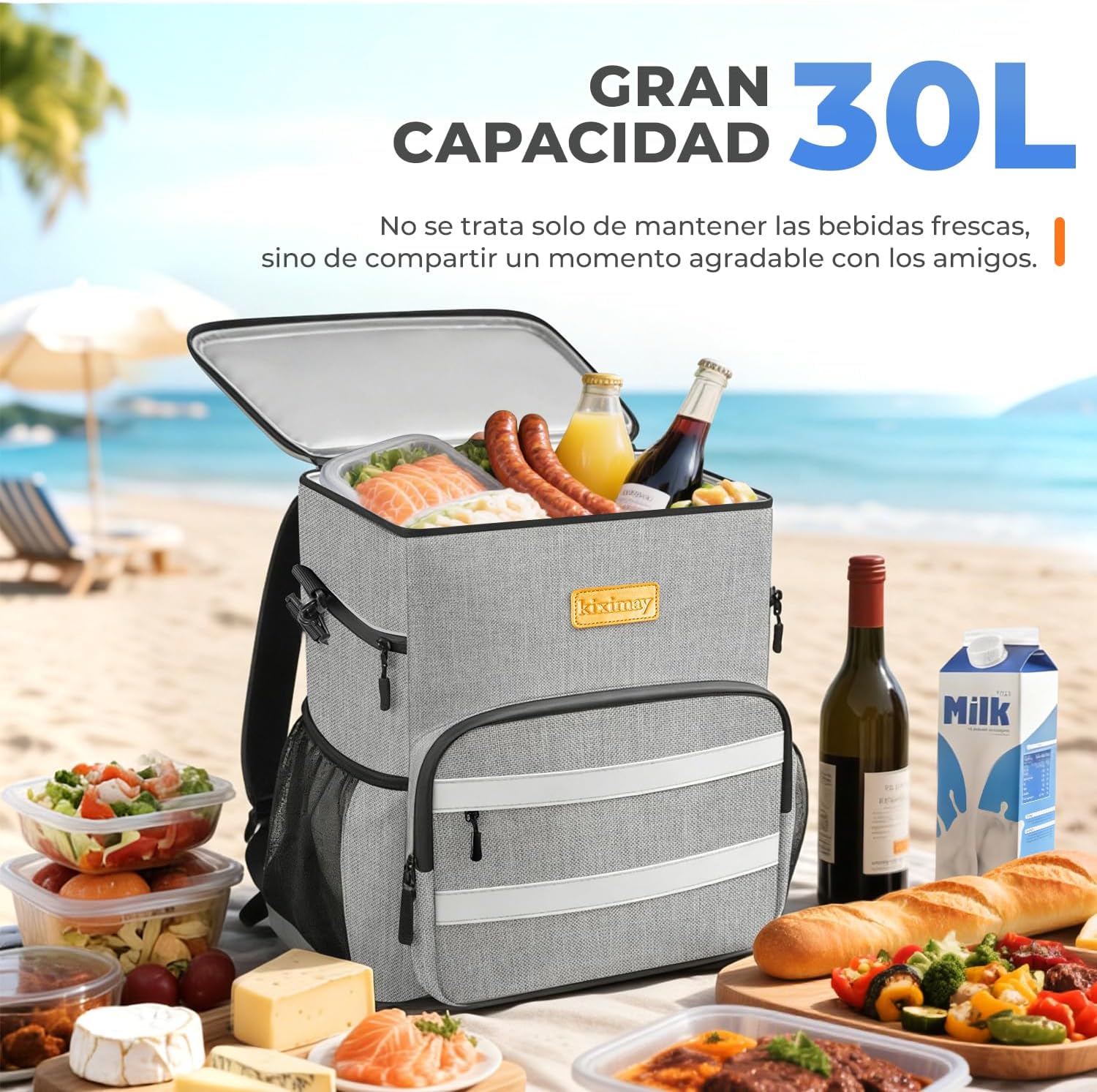 Detalle de Kiximay Mochila Nevera Isotérmica 30L: bolsa térmica impermeable para playa, camping y viajes