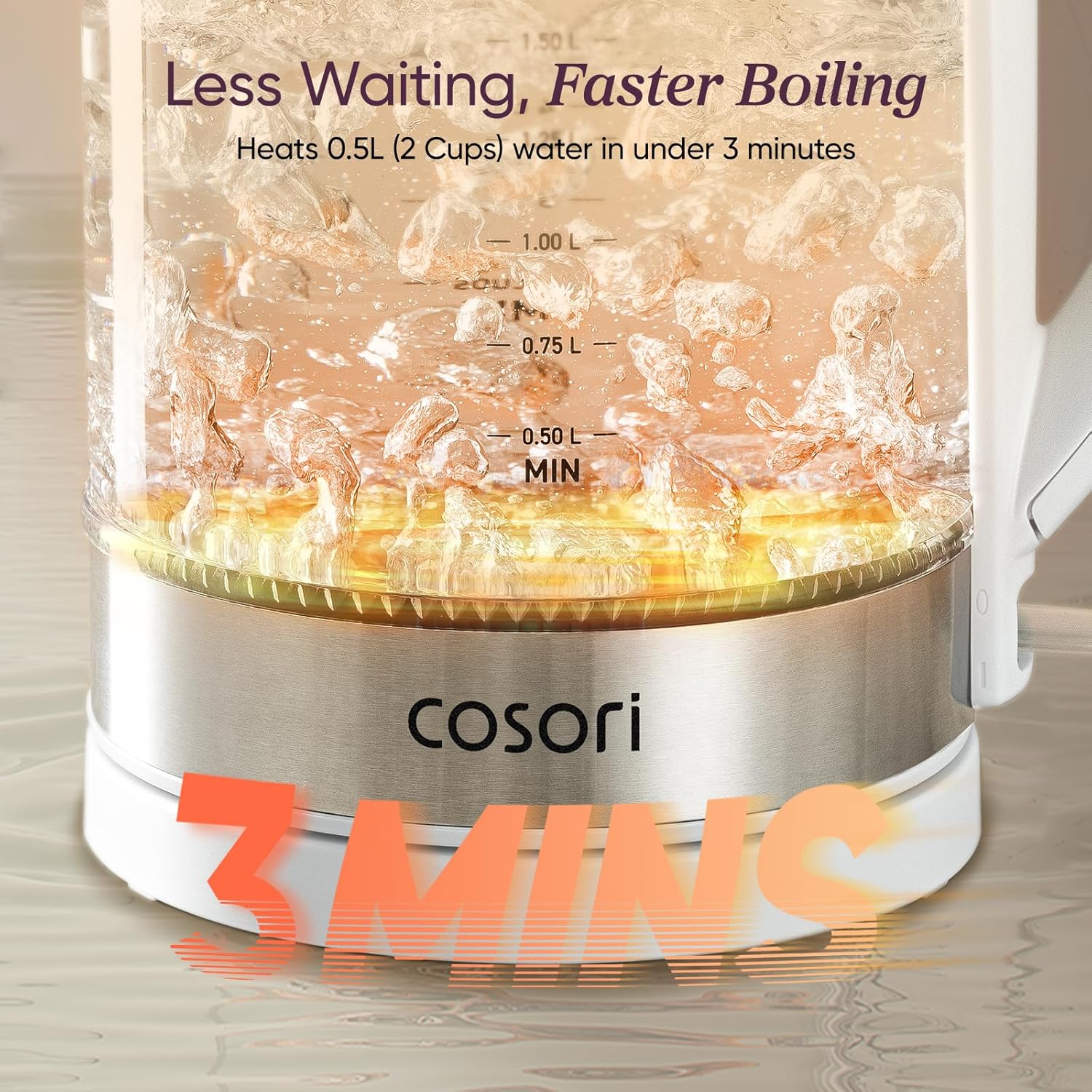 Detalle de Cosori Electric Kettle (1.7L) with Borosilicate Glass, No Plastic Contact, Auto Shut-Off, 1500W