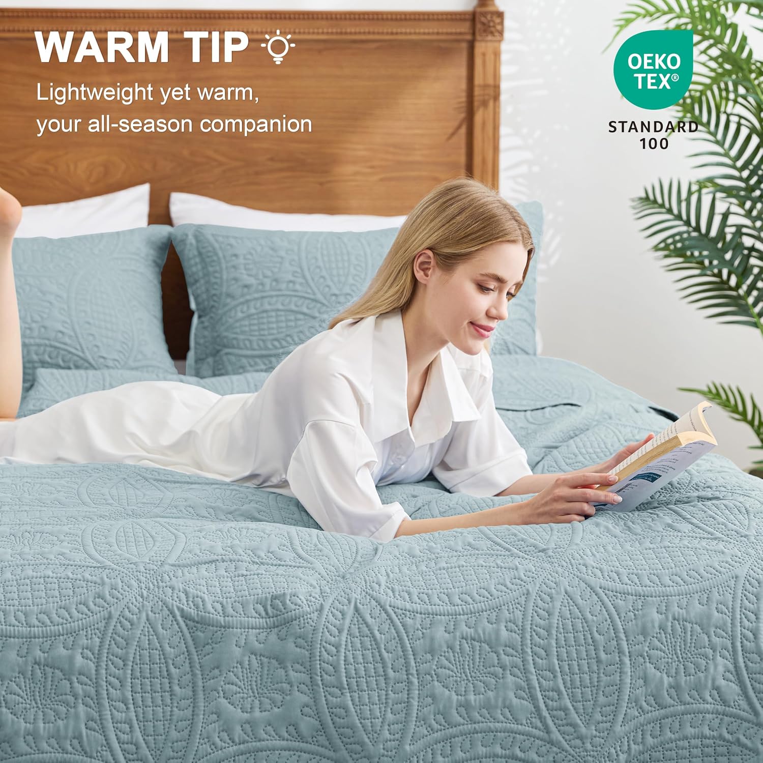 Thumbnail 4 de Love's cabin Spa-Blue Full/Queen Quilt Set, Lightweight Microfiber, Coin Pattern
