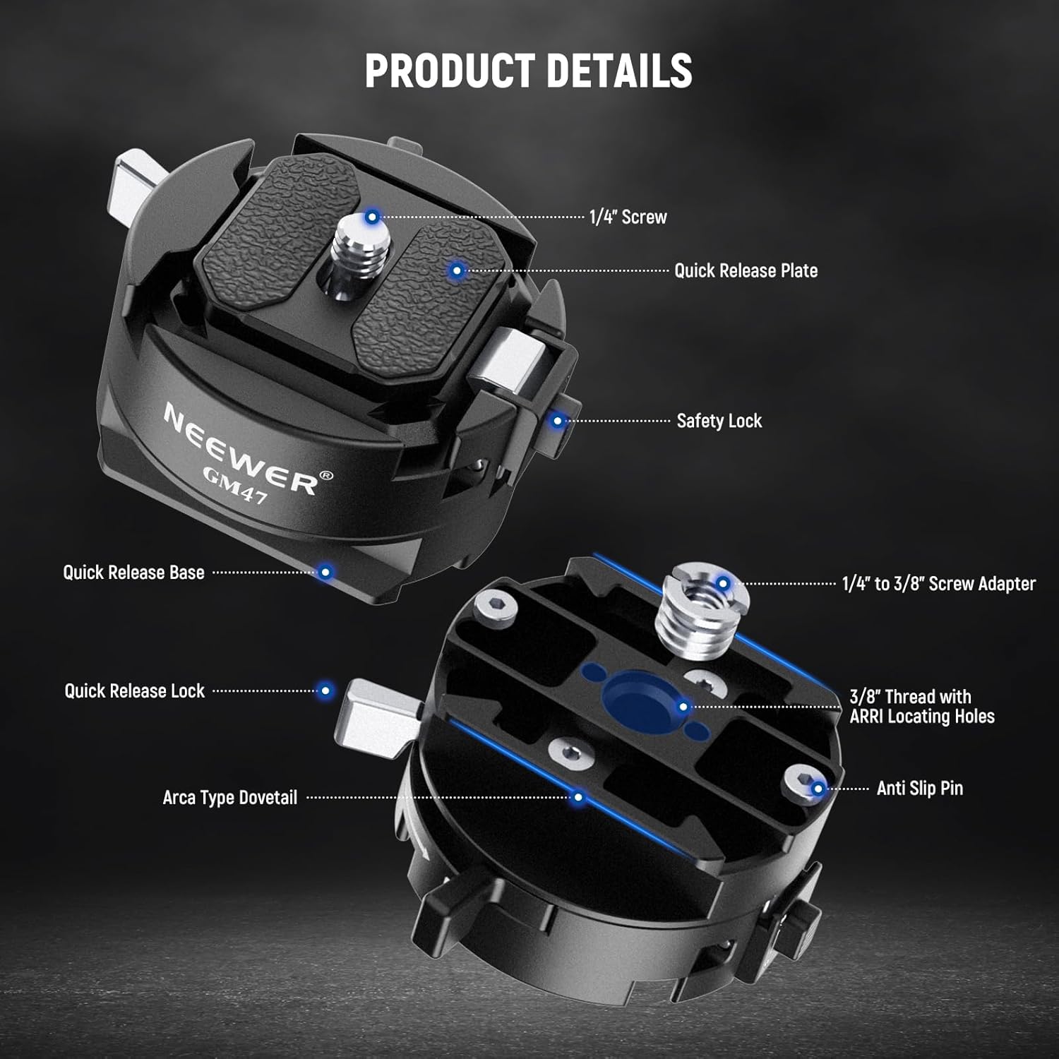 Thumbnail 2 de Neewer GM47 Kit piastra QR a sgancio rapido con base a morsetto tipo Arca e compatibilità Peak Design Capture V3