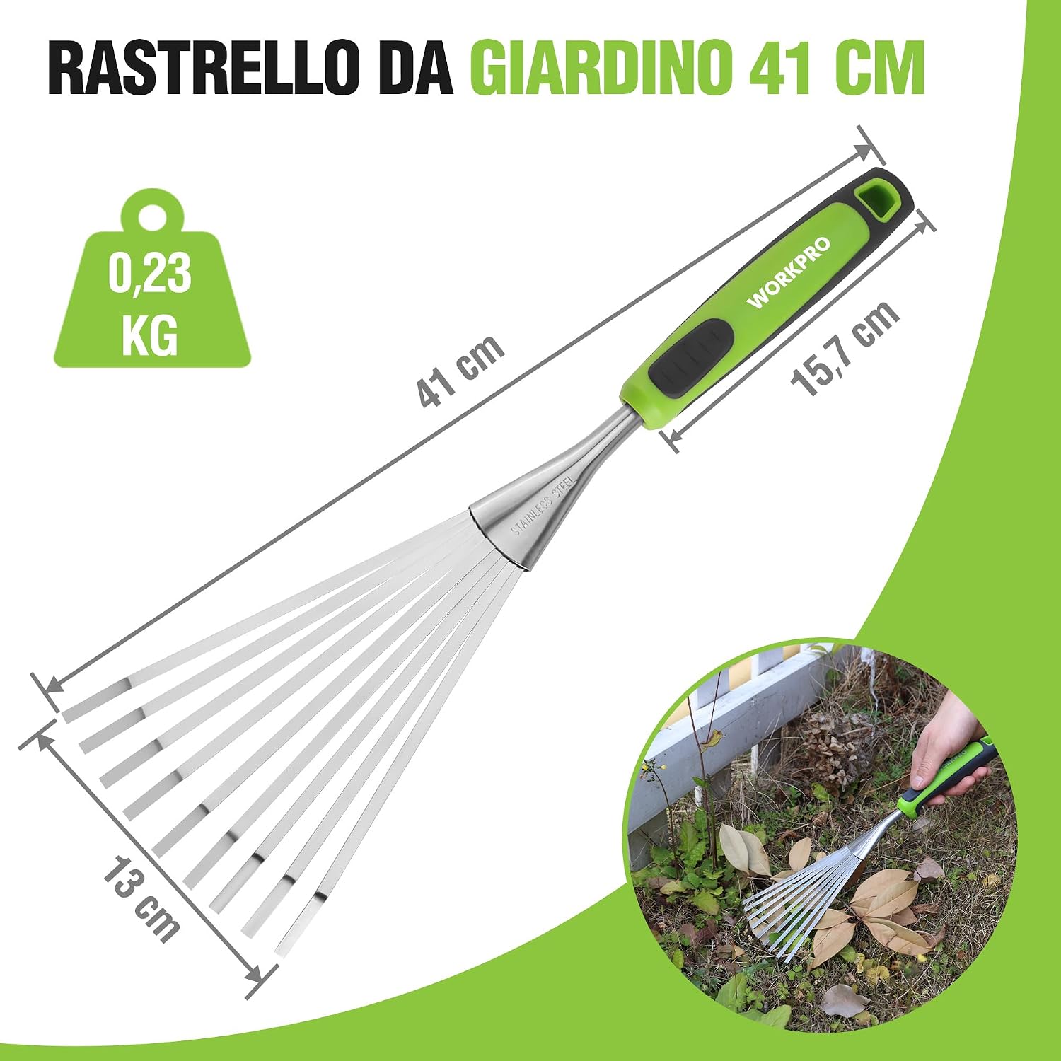 Detalle de WORKPRO Rastrello a mano 41 cm per foglie con 9 denti in acciaio inox e impugnatura ergonomica