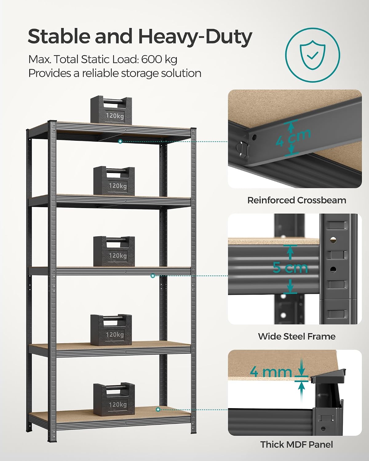 Detalle 2 de SONGMICS GLR050G01 5-Tier Steel and MDF Shelving Unit, 600 kg Capacity