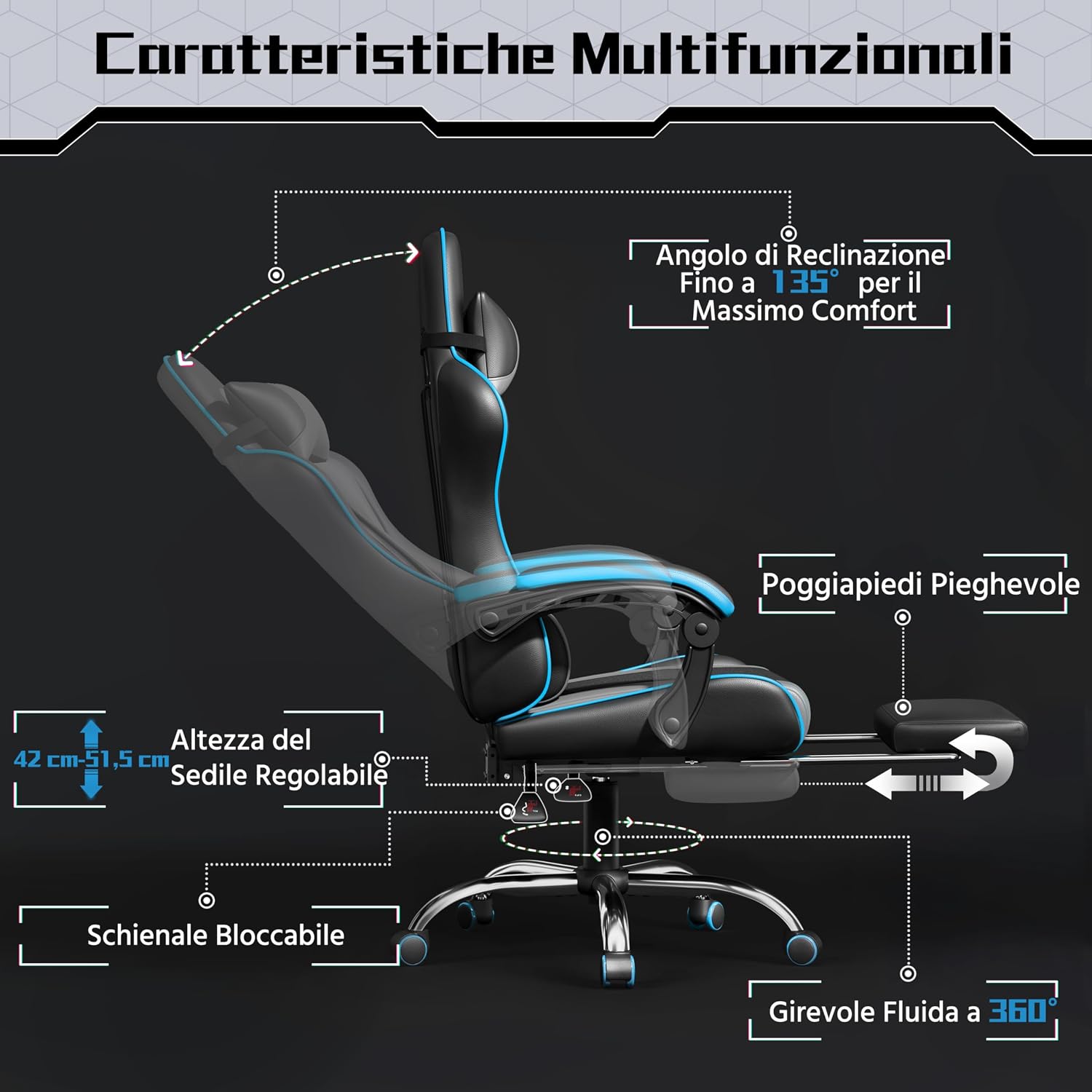 Detalle de Yaheetech sedia gaming ergonomica massaggiante reclinabile con poggiapiedi e supporto lombare, grigio