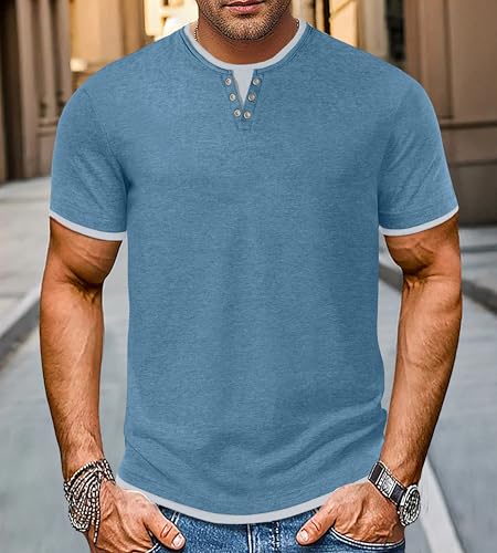 Detalle 2 de Hisir Camiseta de Verano para Hombre - Manga corta, cuello redondo, color blocks Azul Gris (S)