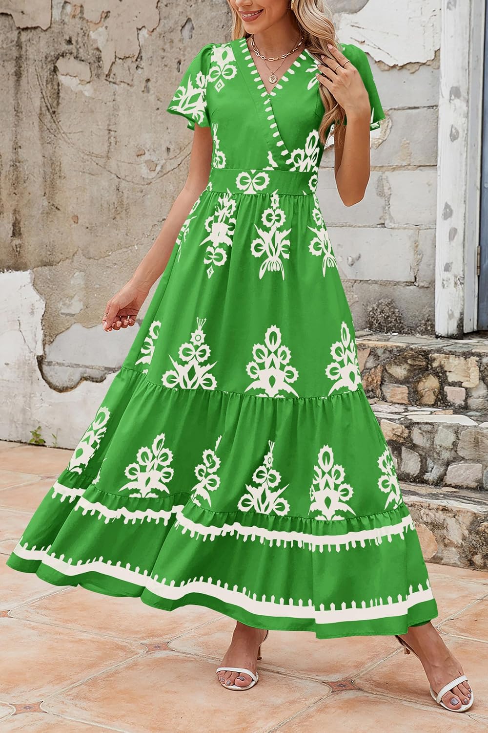 Thumbnail 6 de PRETTYGARDEN Womens 2026 Summer Boho V-Neck Maxi Dress with Pockets, Tiered Floral A-Line Bell Sleeves