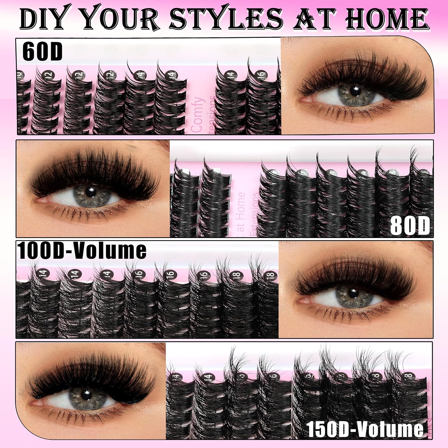 Detalle de YIDUO 4-Style Lash Cluster Kit, 1,078 Pieces, 10–18 mm, Bond and Seal
