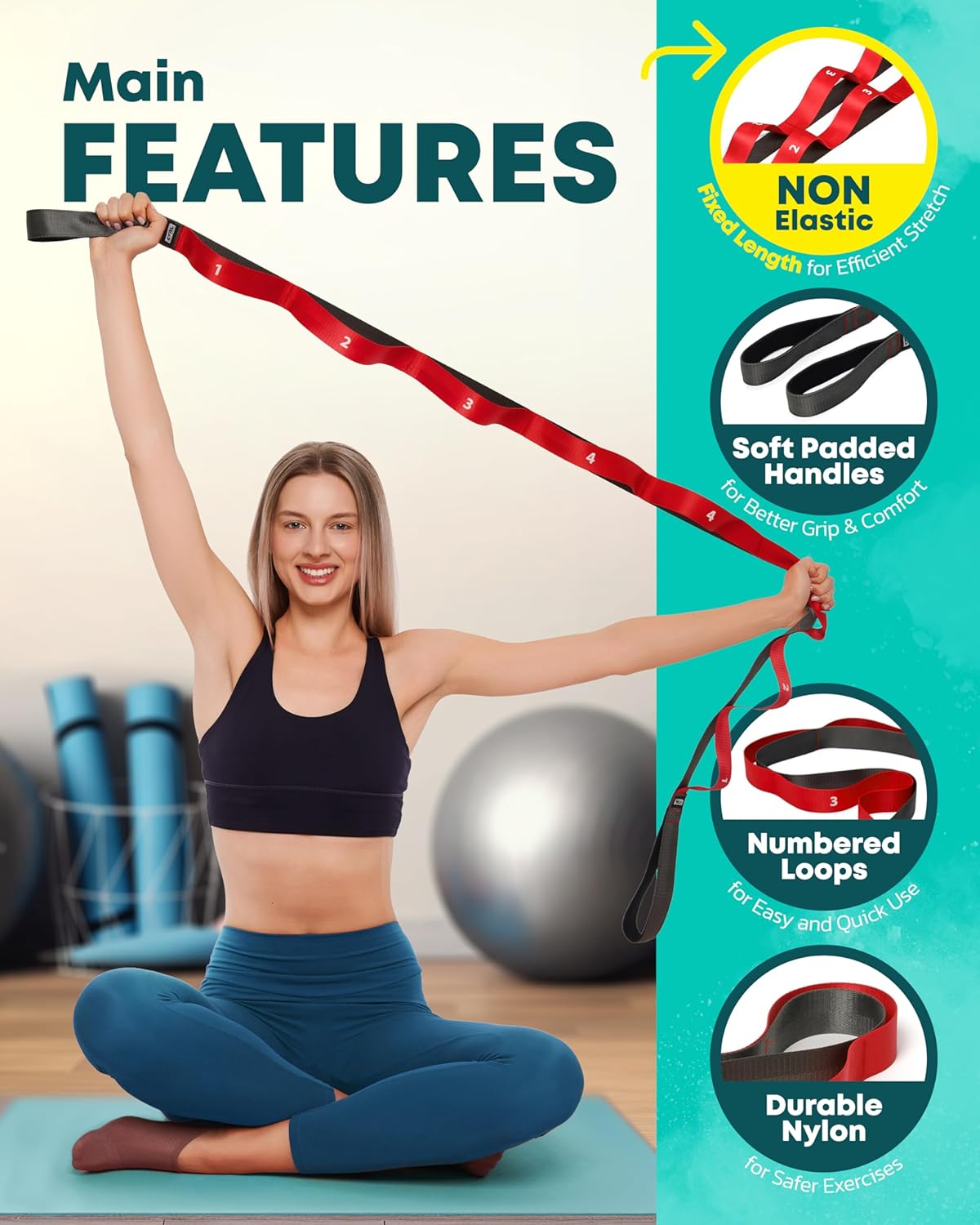 Detalle de Stretching Strap with Loops (Non-Elastic) for Yoga, Physical Therapy & Flexibility