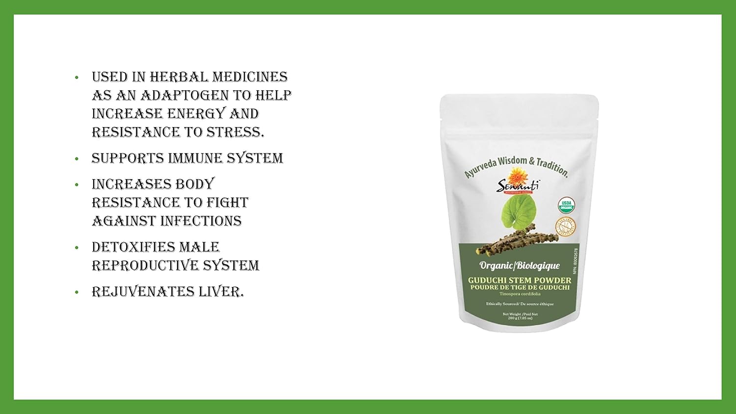 Detalle 1 de Sewanti Organic Guduchi Powder, 200 g, NPN 80092678, Made in Canada