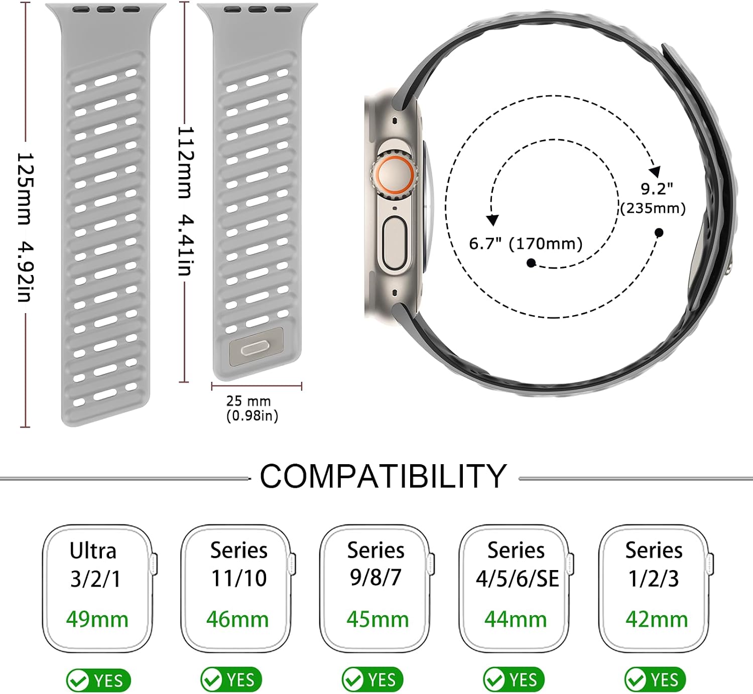 Detalle de Tasikar Clip Magnetic Straps for Apple Watch – Grey-Black silicone waterproof breathable band (fits 42–49mm)