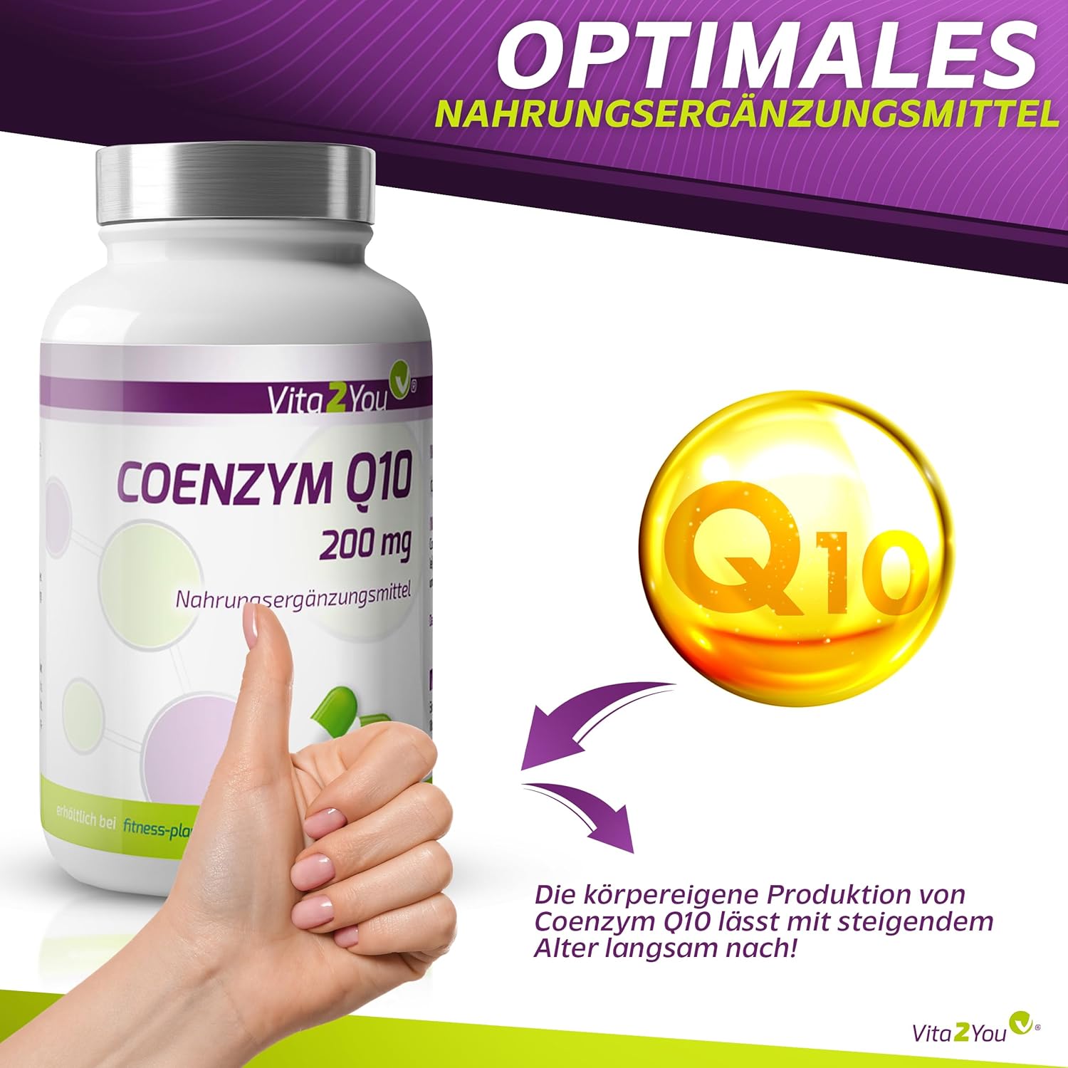 Thumbnail 2 de Vita2You Coenzym Q10 200 mg (Ubichinon) – 120 Kapseln, vegan
