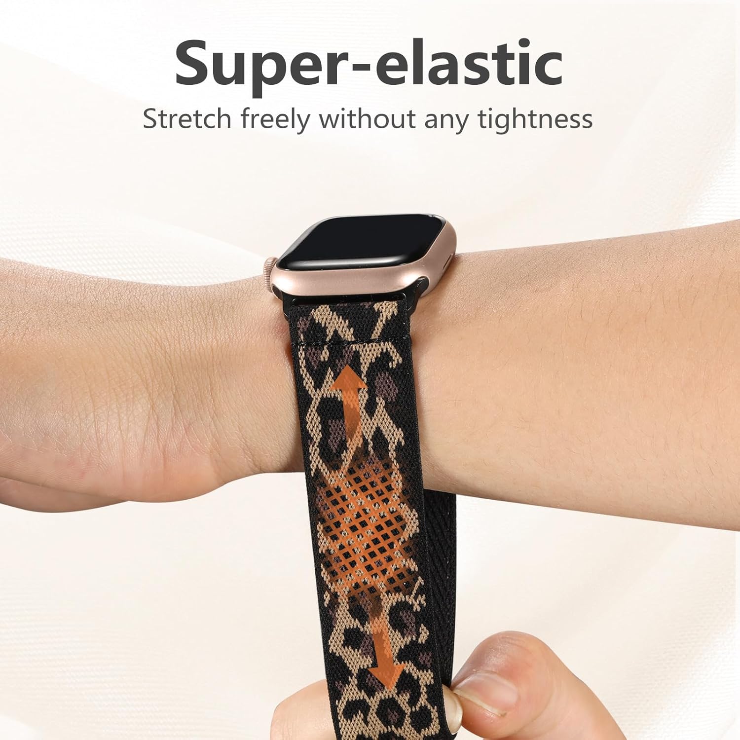 Detalle de Maledan Solo Loop Nylon Strap for Apple Watch – Leopard, Stretchy Nylon Band (44/45/46/49/42mm)