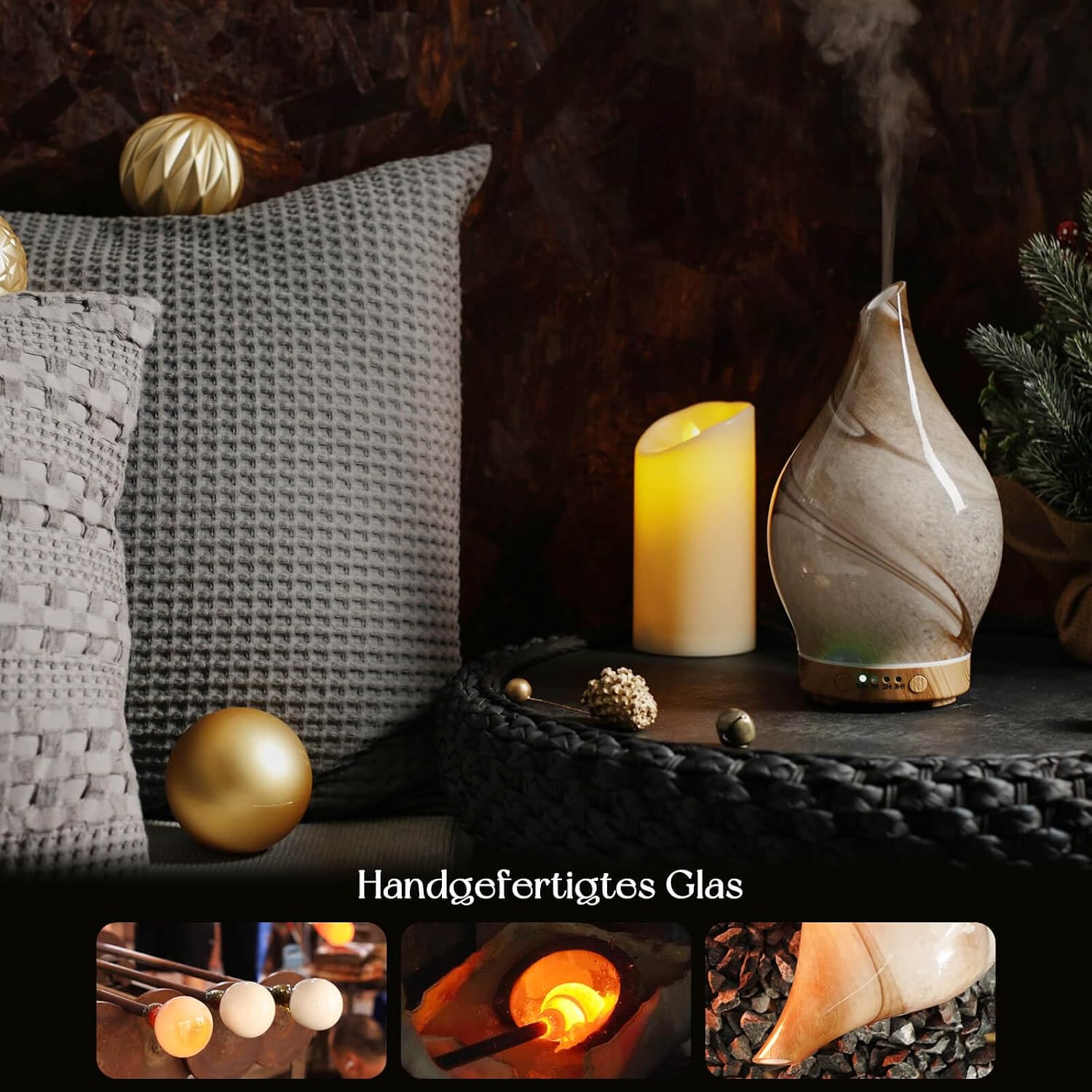 Detalle 2 de Porseme Aroma Diffuser 150 ml aus handgeblasenem Glas mit Ultraschall, 7 Farb-LED & Timer (BPA-frei, Desert)