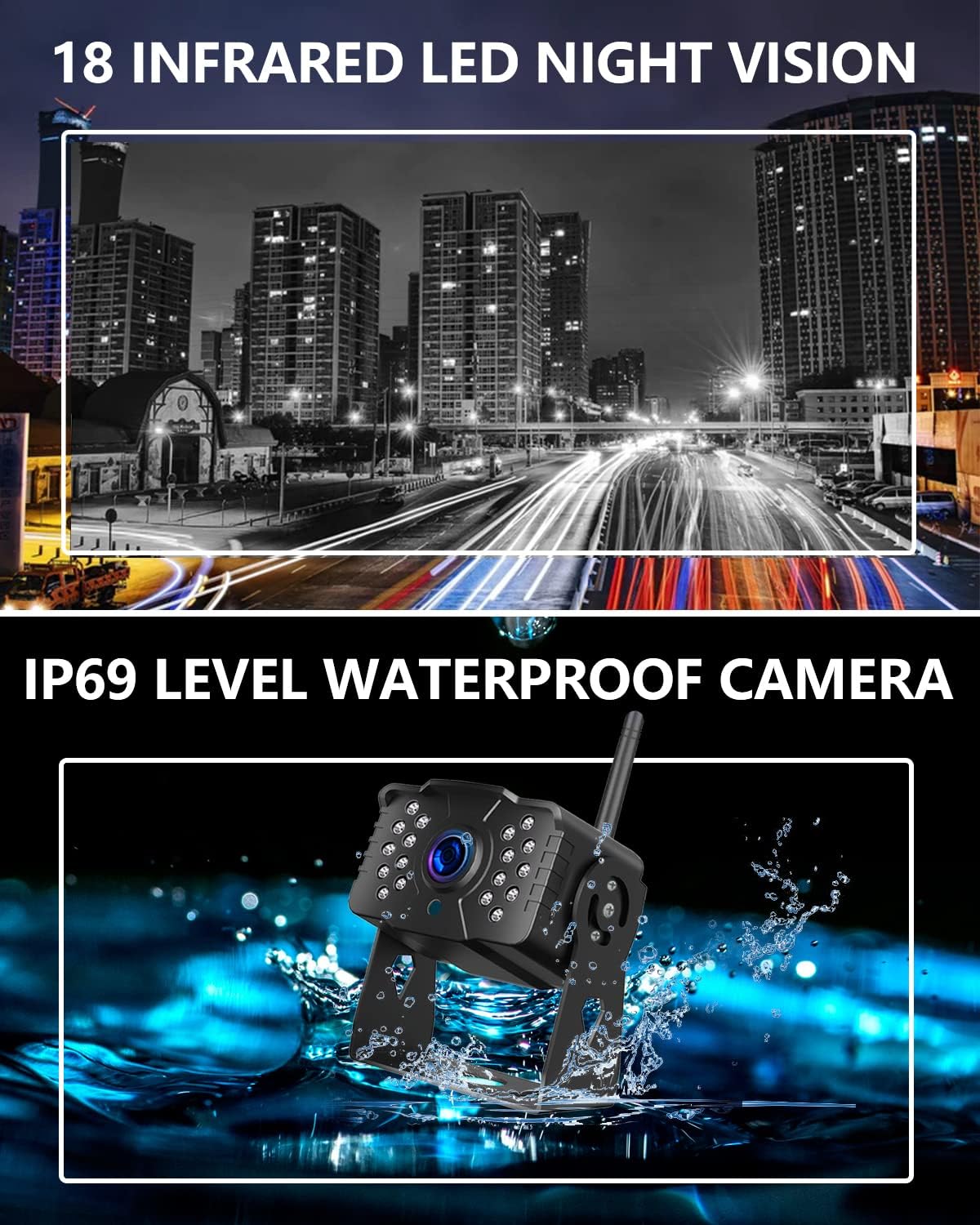 Detalle 2 de DOUXURY RV Backup Camera Wireless System with 7" HD LCD Monitor, IP69 Waterproof 170° Camera + 4-Split Screen