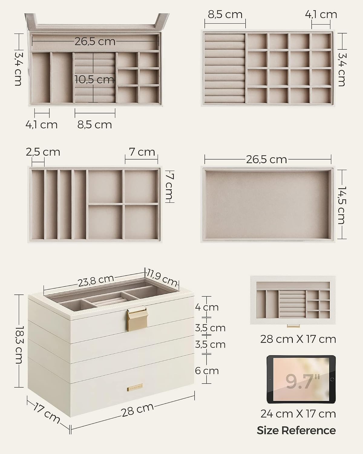 Detalle 2 de SONGMICS GISELLA JBC164W01 sieradendoos met 4 lagen en glazen deksel