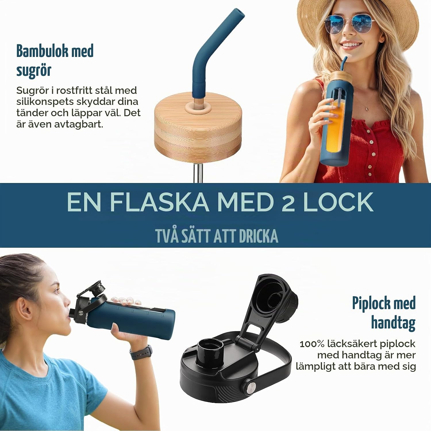 Detalle de BLUEGO BLG-32ozHL-DBlue glasflaska 900 ml med sugrör och dubbla lock