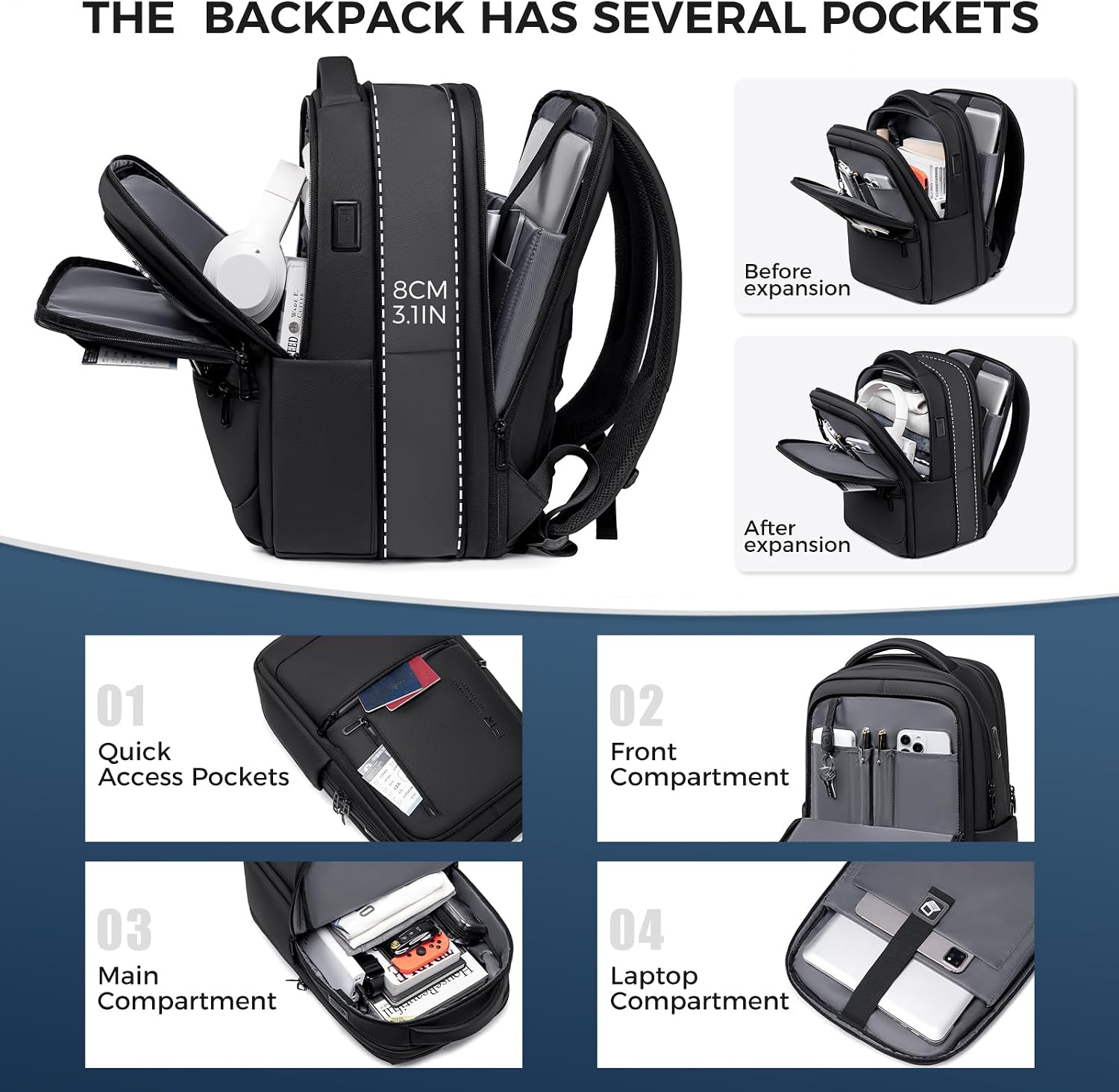 Detalle 2 de Fenree.geer Expandable Laptop Backpack: 21.6–32.4L Travel Rucksack with USB Ports