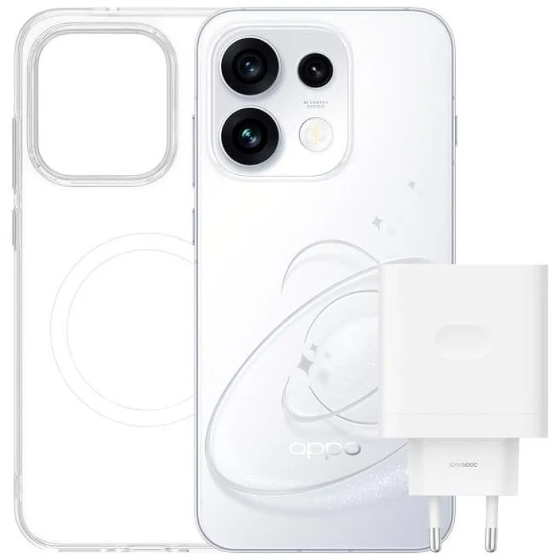 Detalle de OPPO Reno16 Pro 5G 12GB/512GB, 6,32" – Blanco con funda y cargador