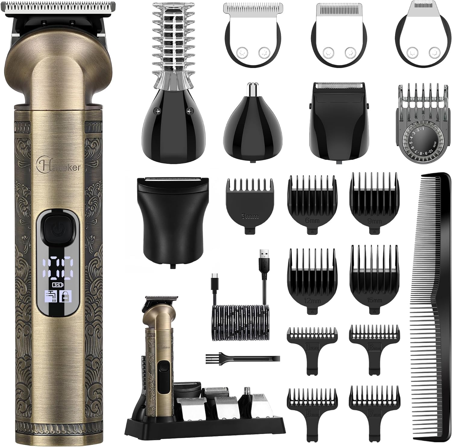 Detalle de Hatteker 8-in-1 Beard Trimmer Kit: Pro Grooming Cordless Hair Clipper with Zero-Gapped T-Blade