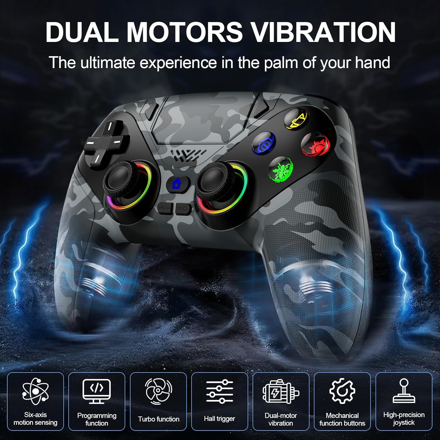 Detalle 2 de Nonbliep Wireless Controller for PS5 & PC (RGB Light, Dual Vibration, Turbo, 3.5mm Audio)