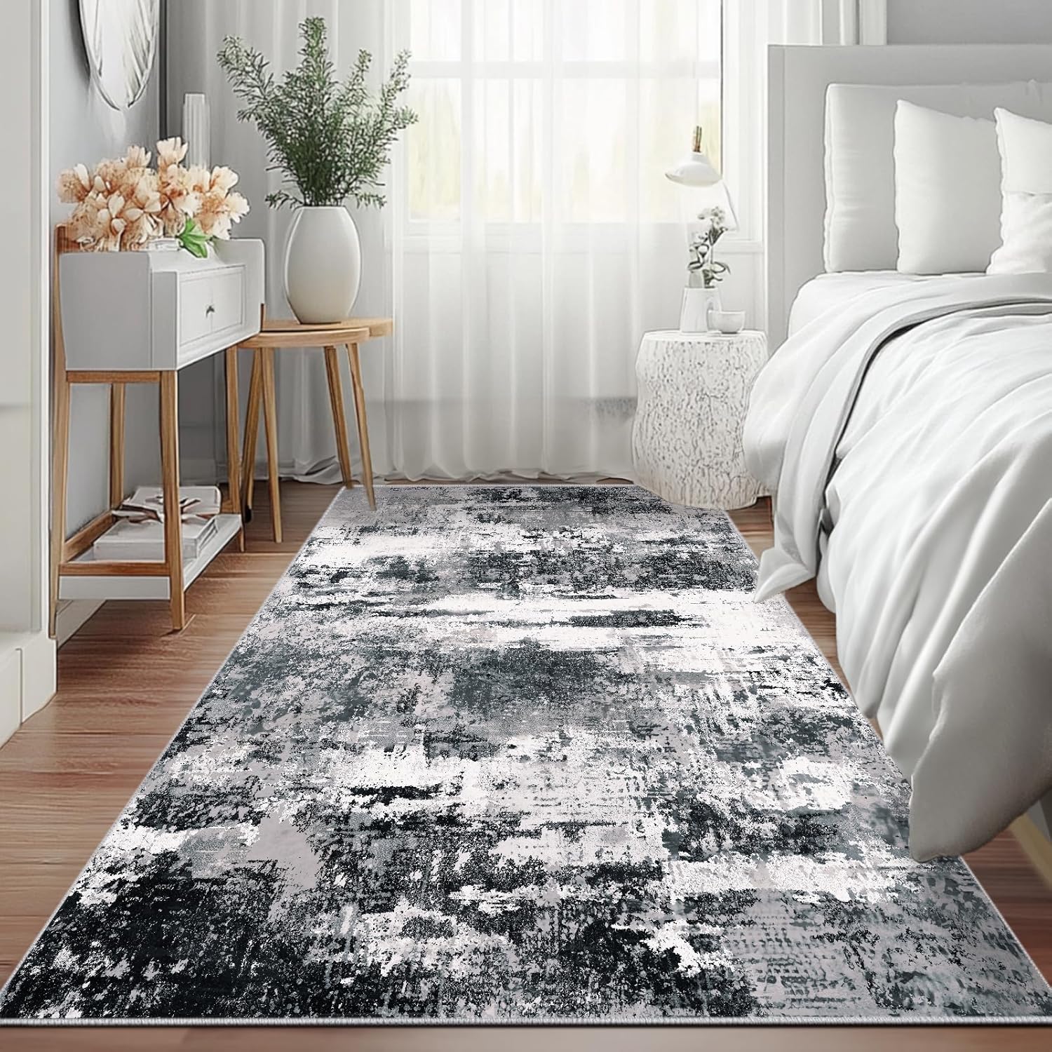 Detalle de Tapis de salon abstrait lavable 120 x 160 cm – noir et blanc, antidérapant, design moderne