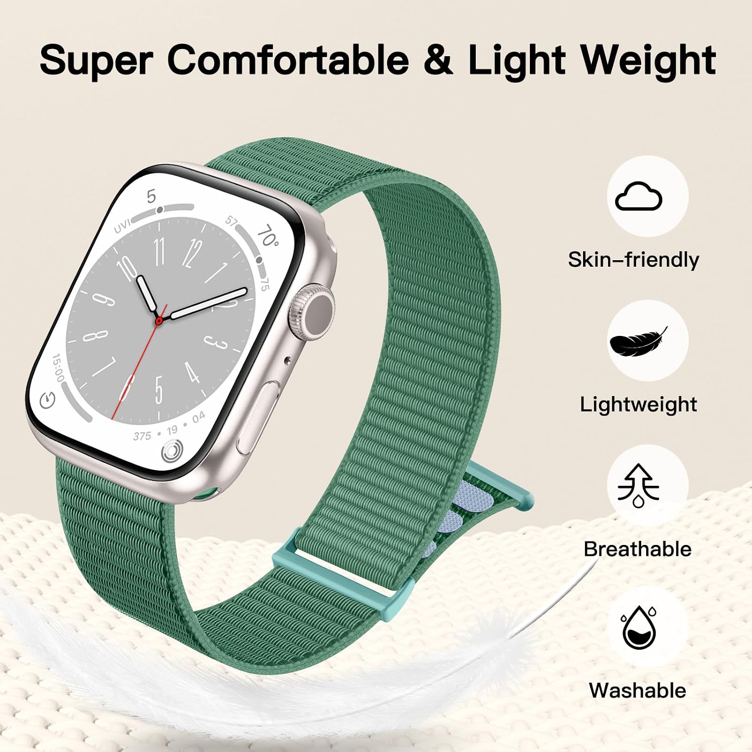 Detalle de Yoohoo Nylon Straps replacement bands for Apple Watch (38/40/41/42mm) – soft breathable hook & loop