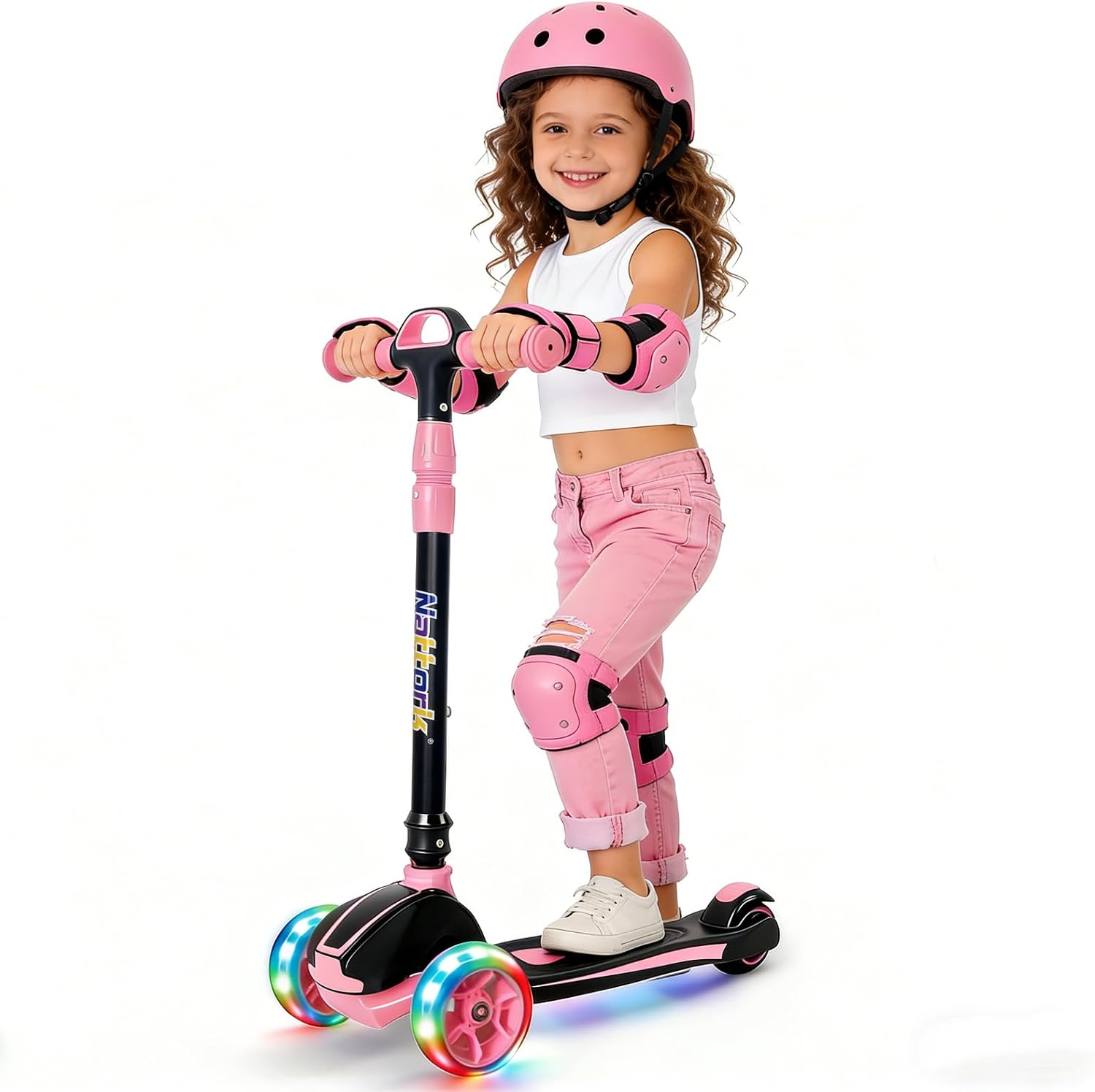 Detalle de Nattork Kids Scooter (Age 3–8) with Light-Up 3 Wheels, Foldable Design, Adjustable Height (26–32 in) and Lean-to-Steer
