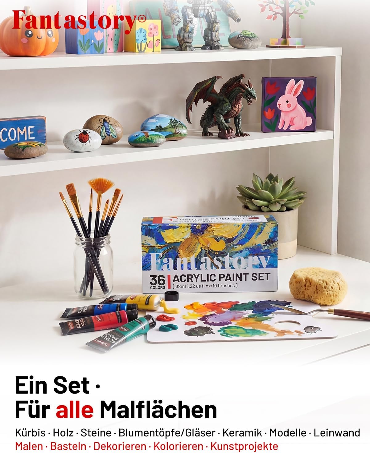 Thumbnail 5 de Fantastory Acrylfarben Set (36 x 36 ml) mit 10 Pinseln – hochpigmentiert, wasserfest & lichtecht