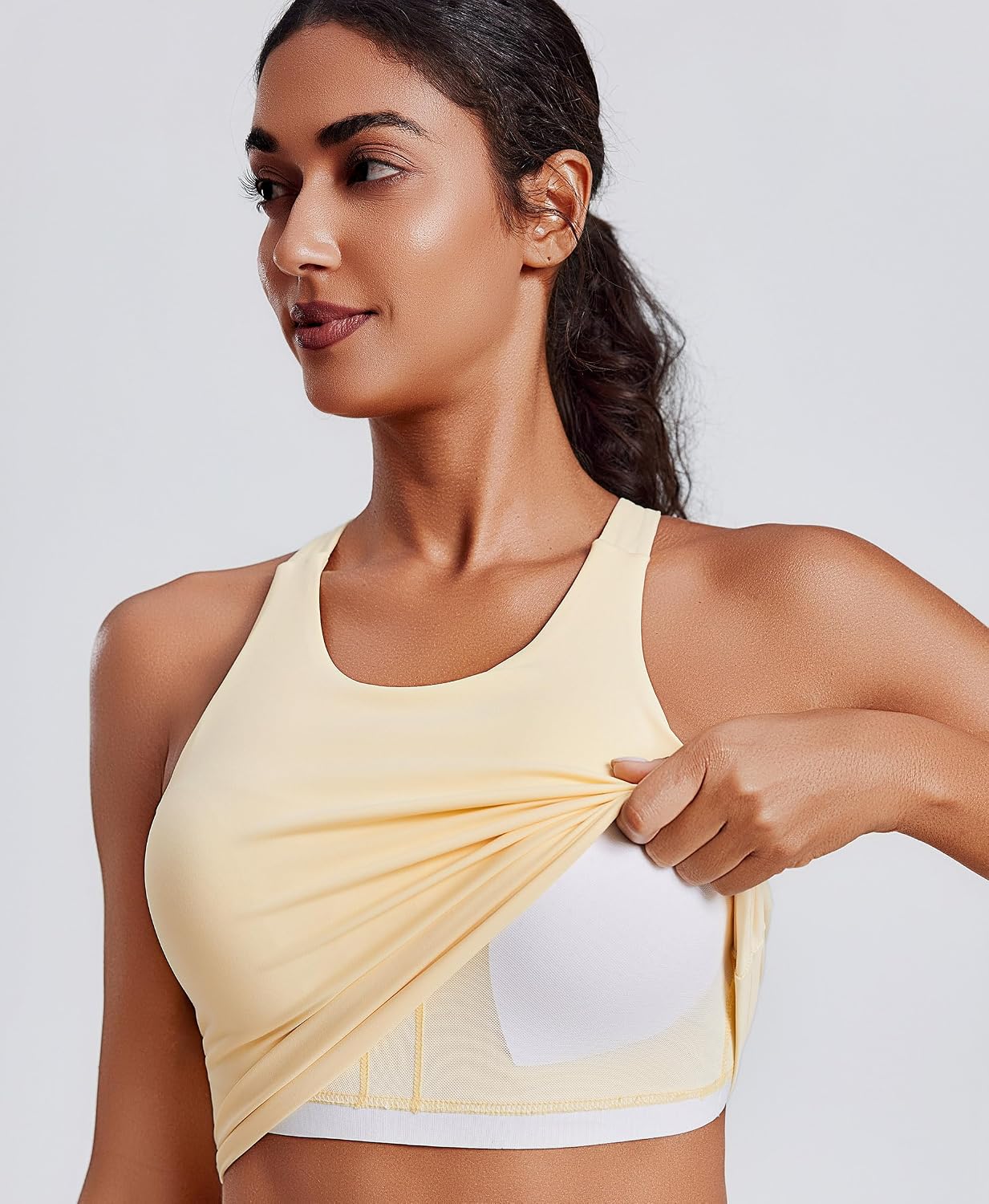 Detalle de PINSPARK Women Sports Bra High Neck Racerback Workout Crop Tank Top Longline with Built-in Removable Pads