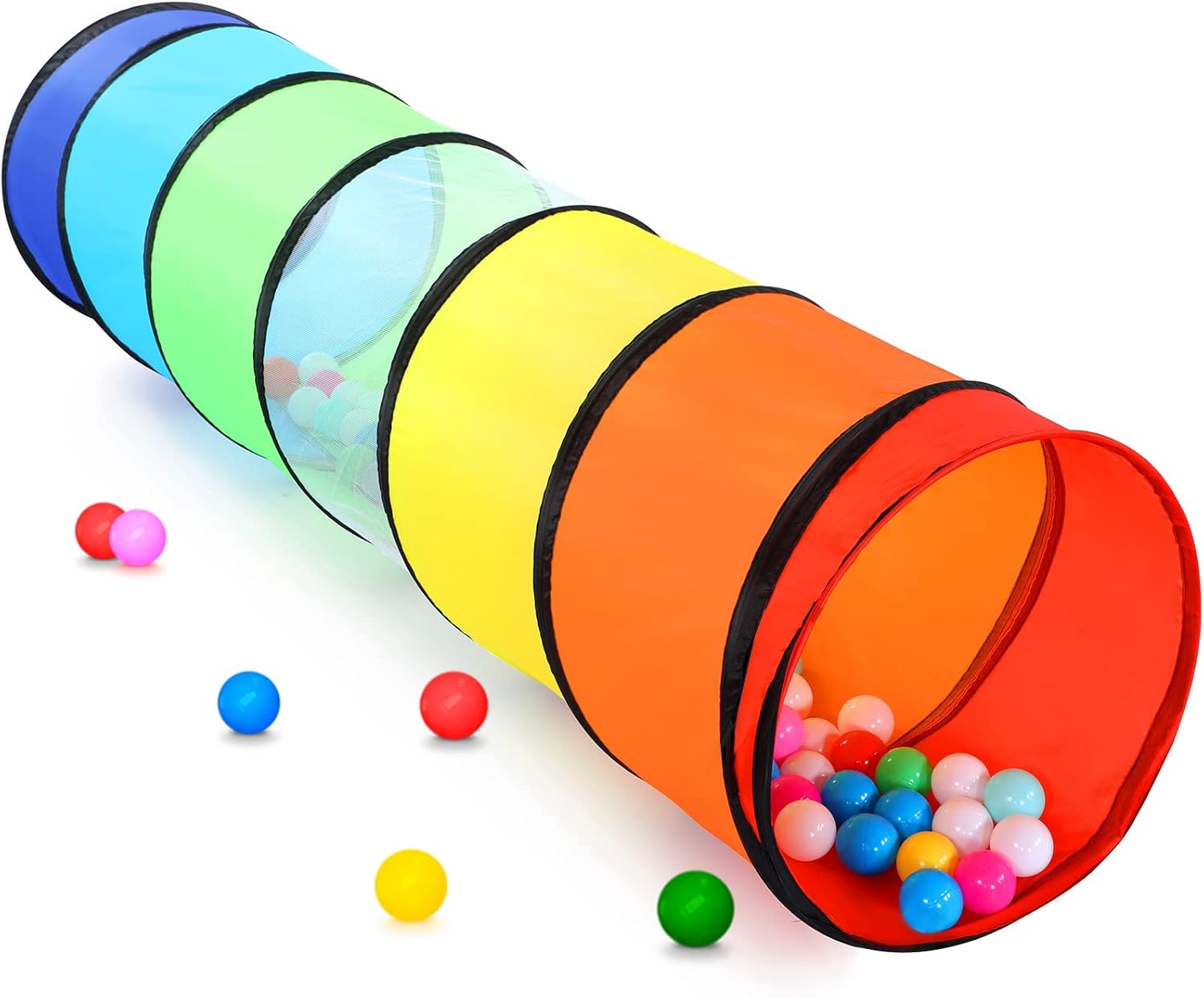 Wilwolfer Kinder-Spieltunnel mit Mesh-Seiten (180 cm) – klappbares Outdoor-Spielzelt im Regenbogen-Design
