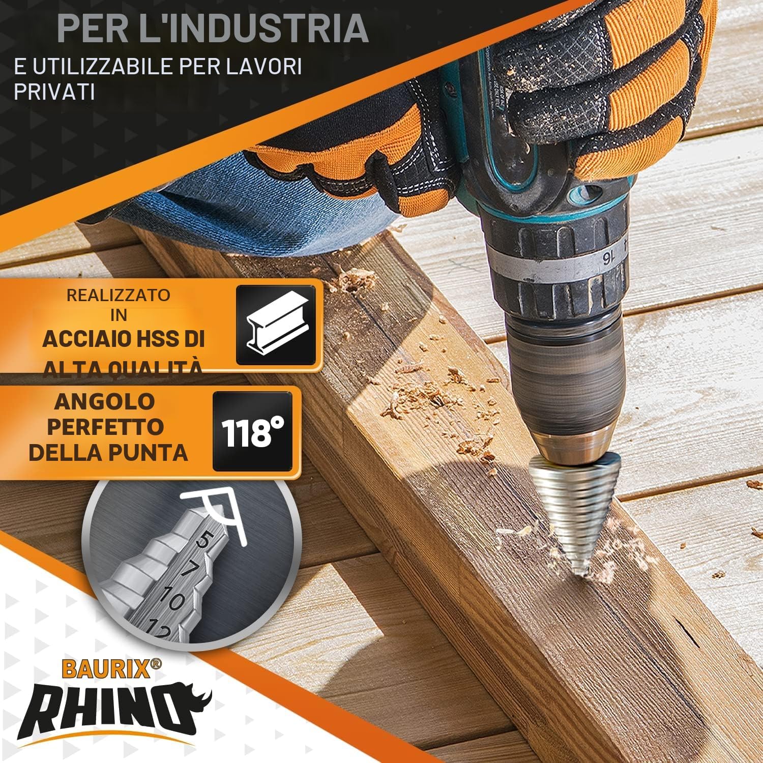 Thumbnail 4 de BAURIX® RHINO® Fresa a Gradini HSS [Ø 5‑35 mm] con alesaggio triangolare da 10 mm