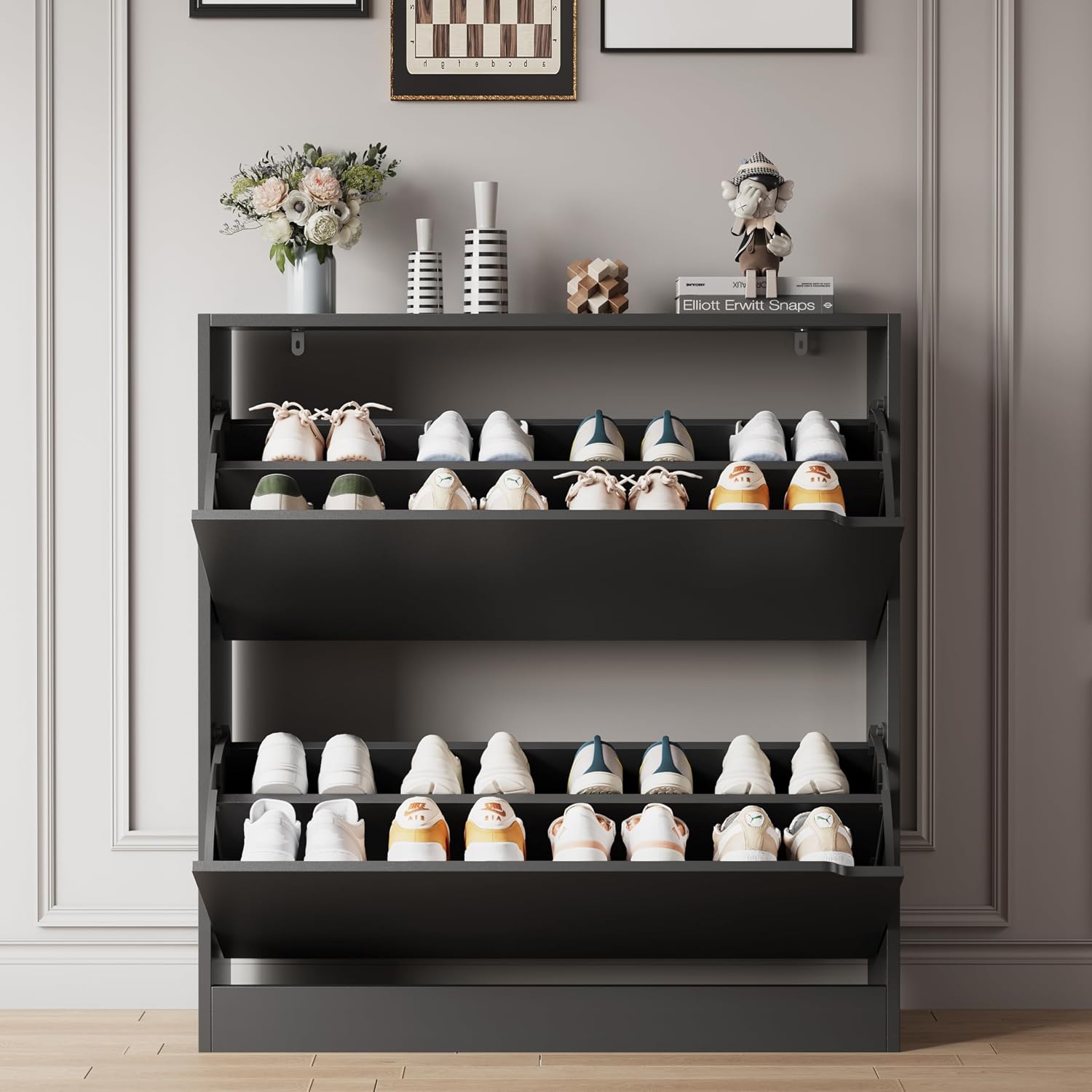 Detalle de Xixini 002 Shoe Storage Cabinet, 2 Flip Drawers, Slim Black Design