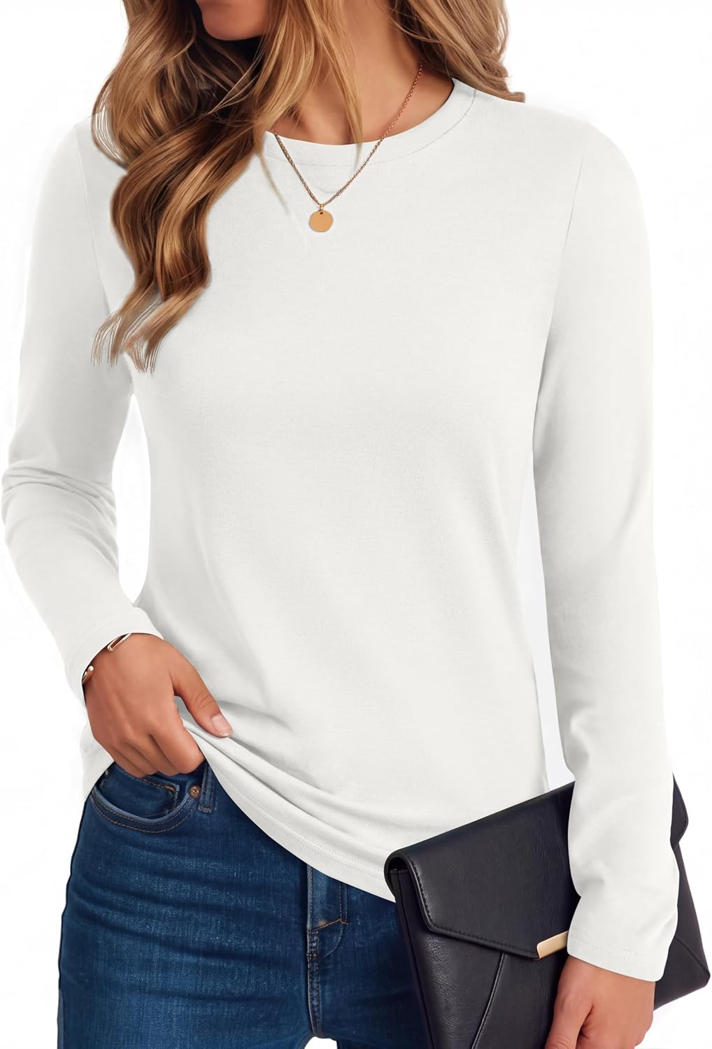Detalle de Ekouaer Women's Long Sleeve Crew Neck Shirt, Cotton Blend