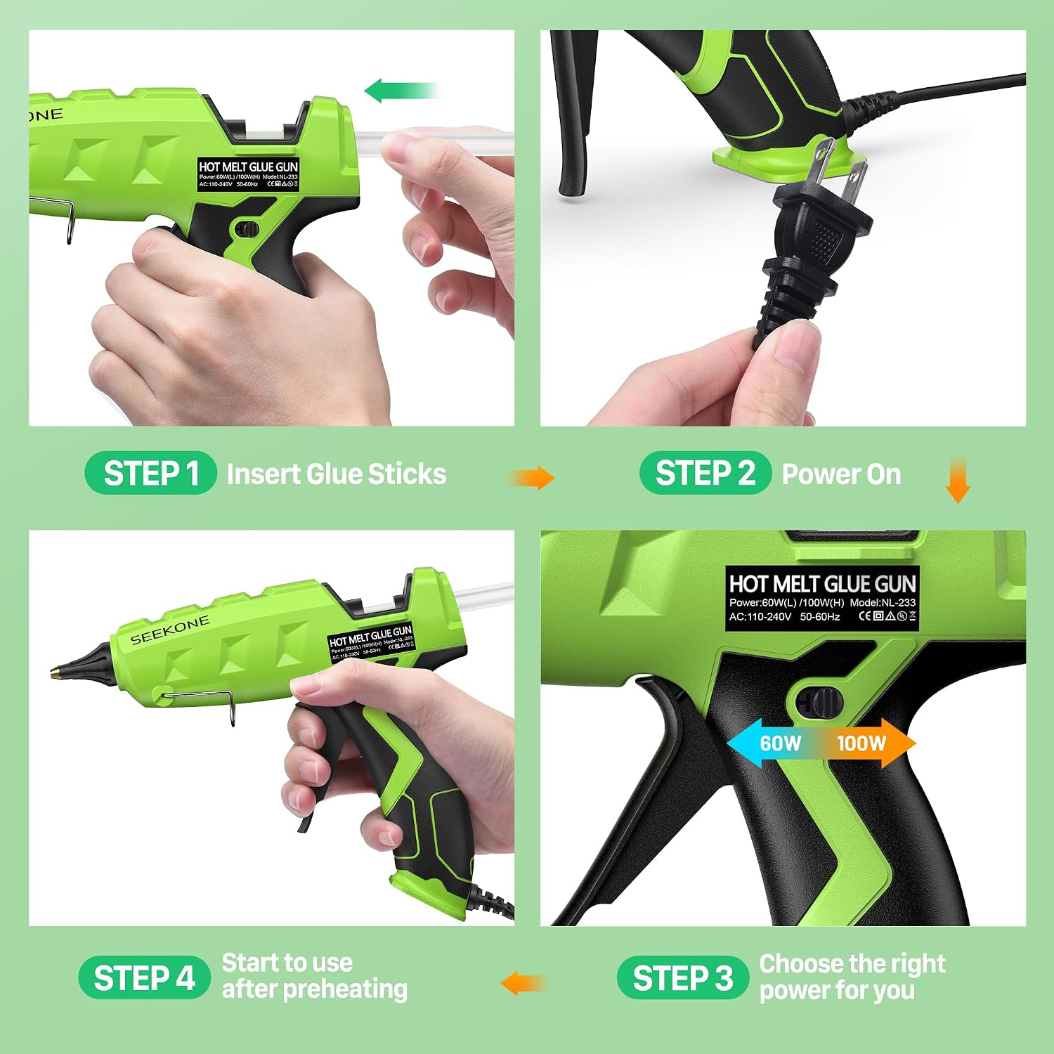 Detalle 1 de SEEKONE NL-233 Full-Size Hot Glue Gun, 60/100W Dual Power