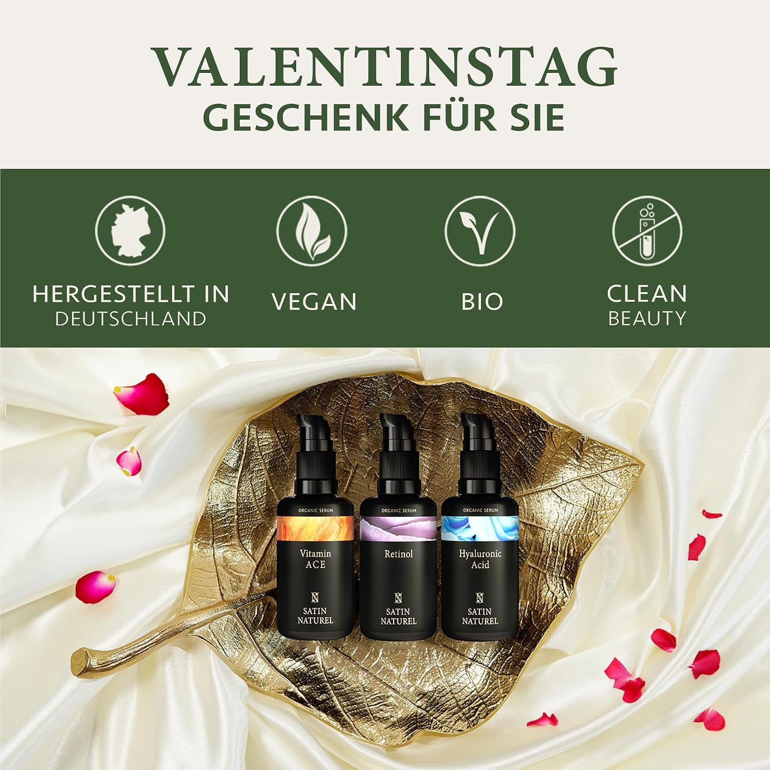 Detalle 2 de Satin Naturel Luxus-Geschenkset 3x30ml Serum – Retinol, Hyaluron, Vitamin C