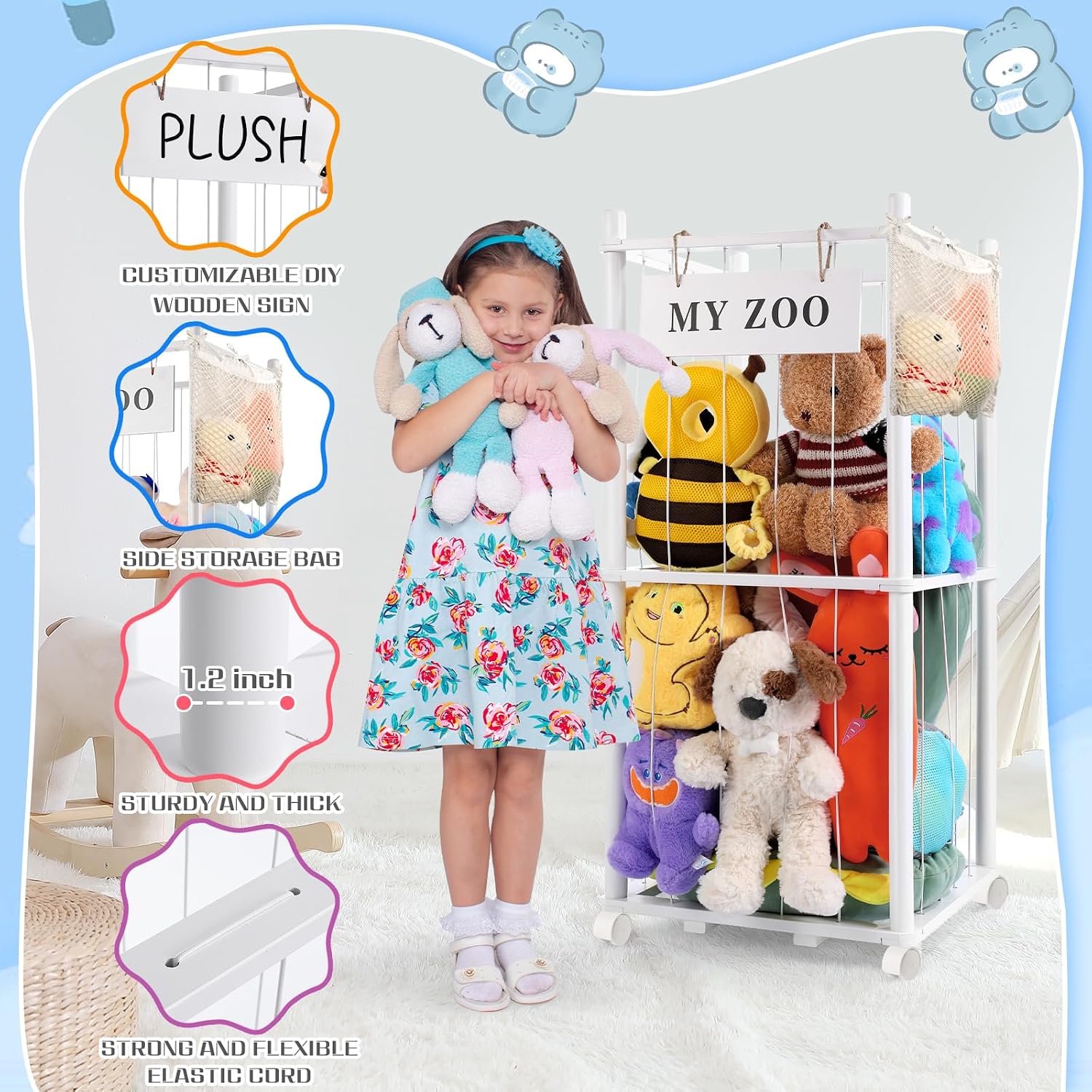 Thumbnail 4 de GLDZI Stuffed Animal Storage Wooden Organizer, Small White with Wheels