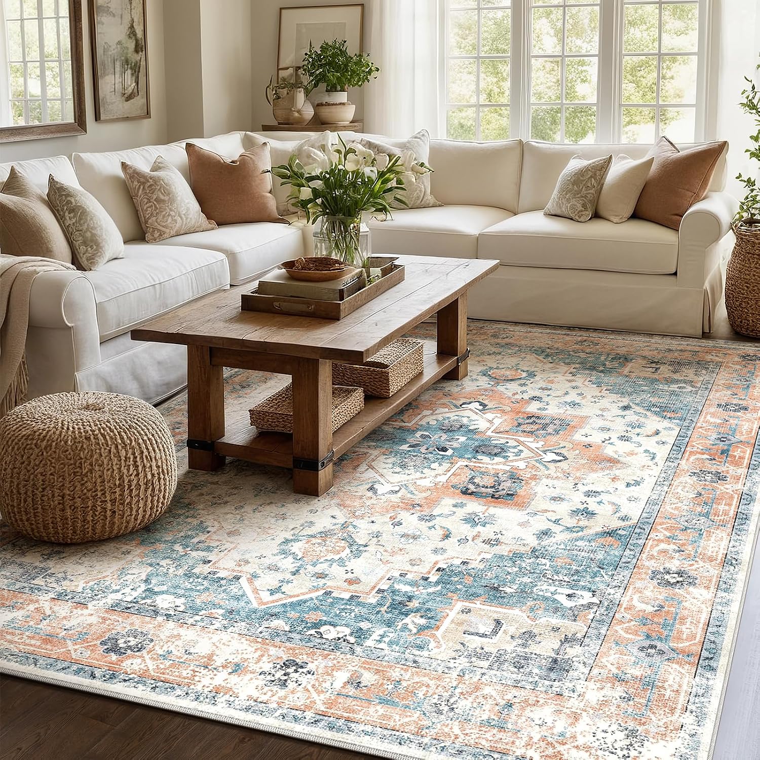 Thumbnail 4 de XSIVOD Blue Area Rug 240 x 300 cm – washable non-slip vintage-style low pile for living room, bedroom & dining room