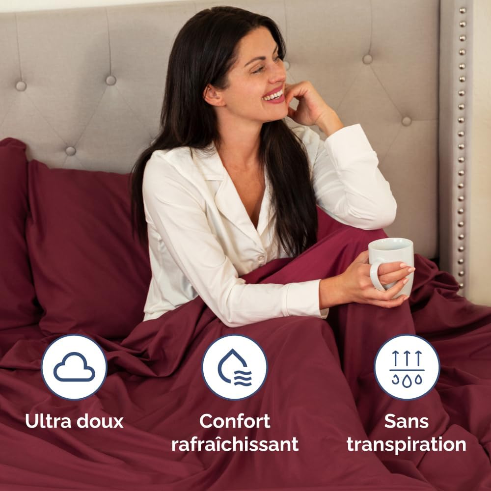 Detalle de Ensemble de draps CGK Unlimited 4 pièces Bourgogne : drap plat, drap-housse 180x200 et 2 taies 50x80