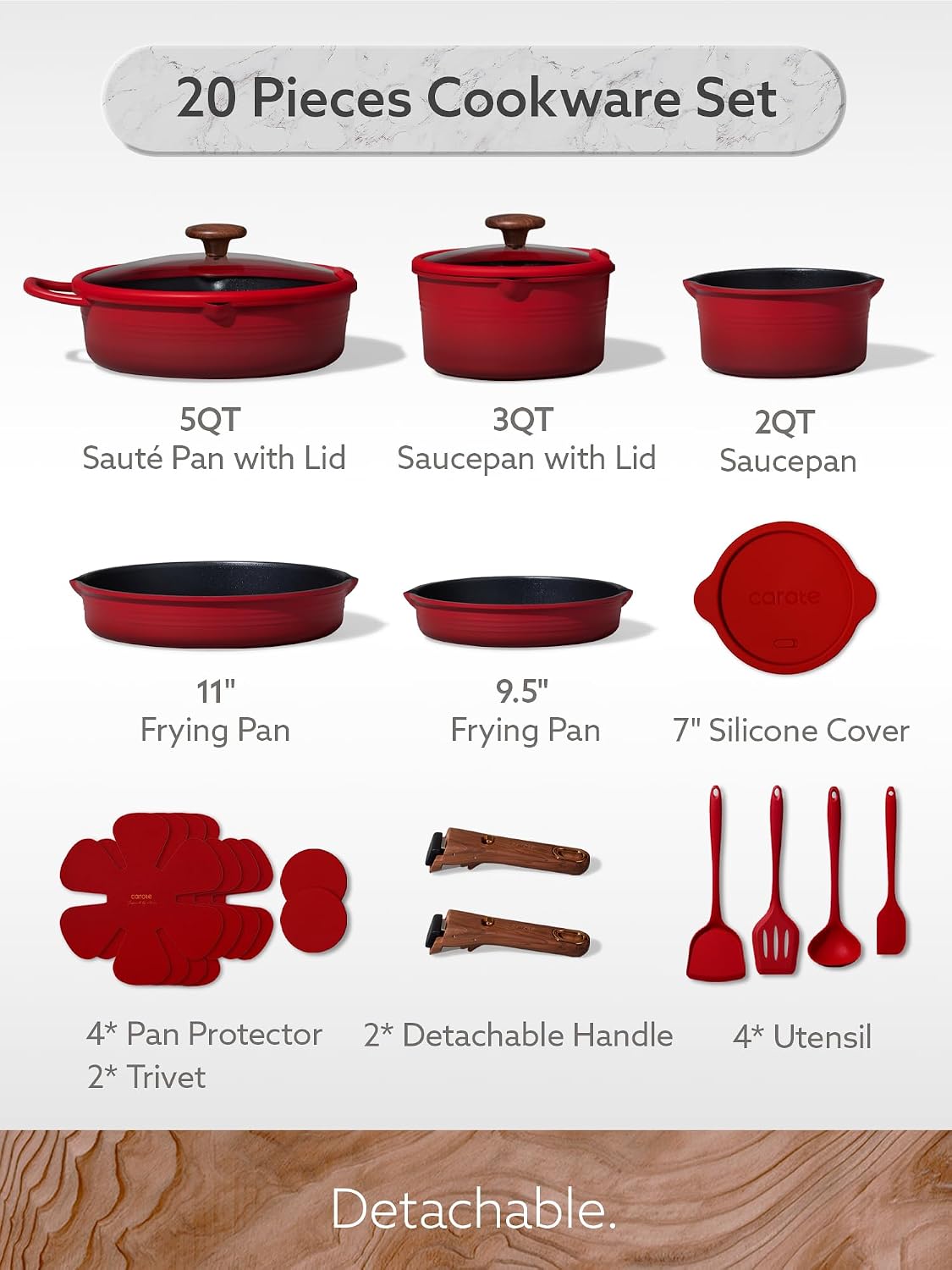 Detalle 2 de CAROTE 20Pcs Titanium Cookware Set with Detachable Handle – Nonstick, Induction Ready