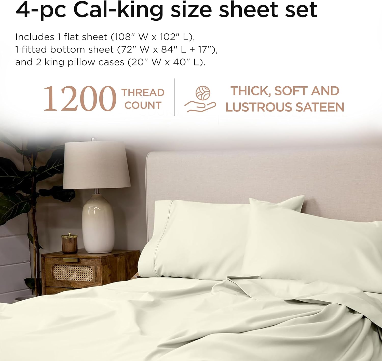 Detalle de Threadmill Home Linen Threadmill 100% Supima Cotton Sheets (1200 Thread Count) Cal King, 4-Piece Ivory Set