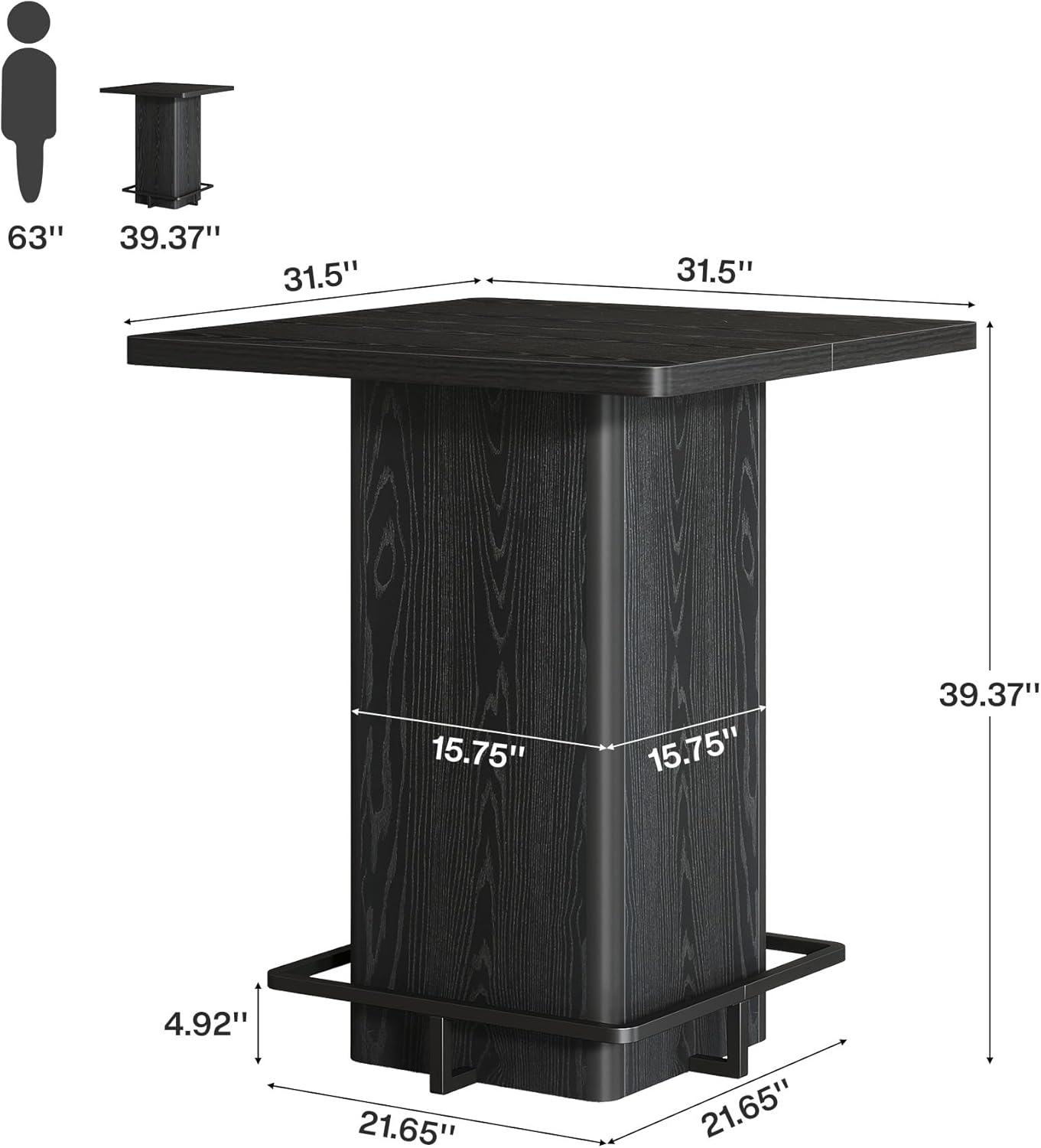 Detalle de Tribesigns QQZYLZY20251126 Square Bar Table, Black Top, Metal Frame