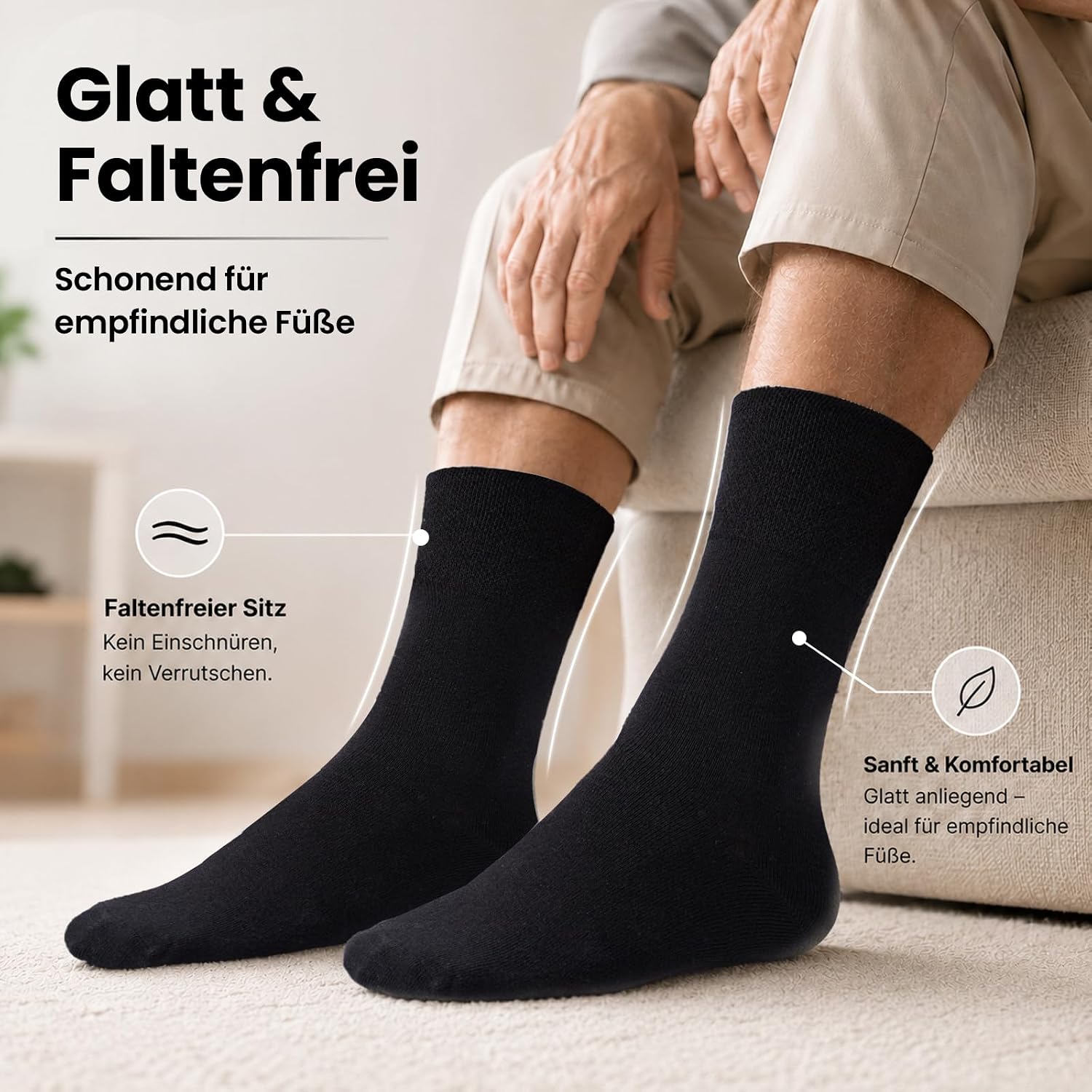 Detalle 2 de SukModen Diabetiker-Socken Herren & Damen – 10 Paar, ohne Gummibund, weiche Baumwolle, nahtloser Zehenbereich, Schwarz