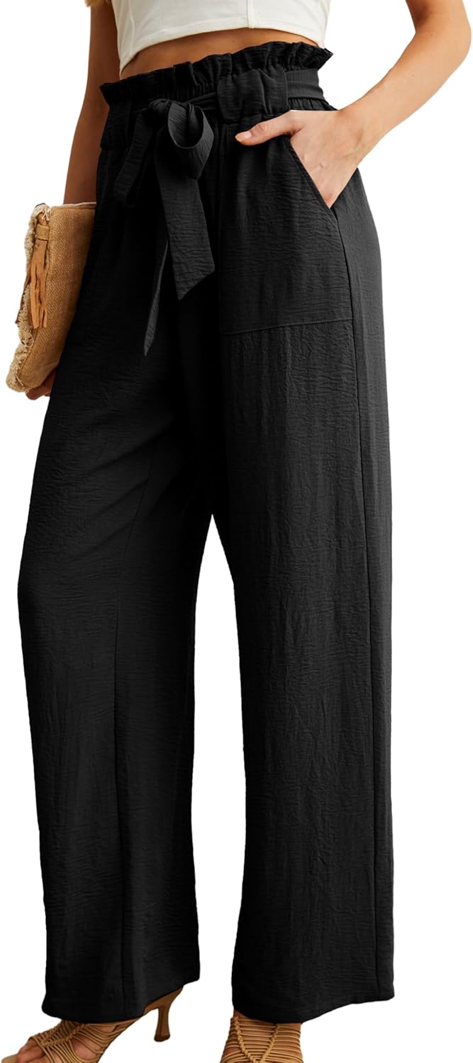 Thumbnail 1 de IWOLLENCE Women's Wide Leg Pants with Pockets - High Waist Adjustable Knot Trousers
