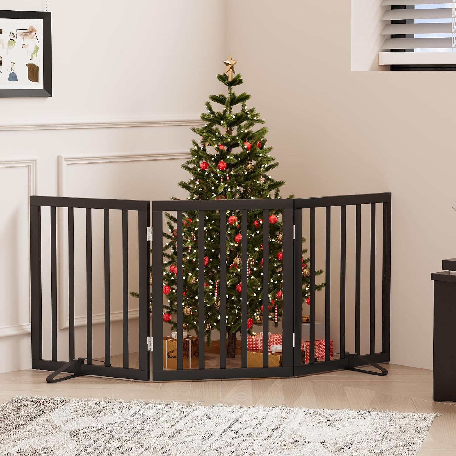 Detalle 2 de Algherohein Freestanding Foldable Dog Gate, 3-Panel Black Wood Divider