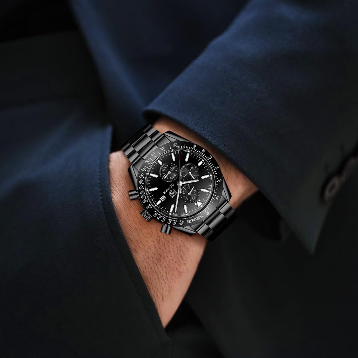 Detalle de BY BENYAR Men's Analog Quartz Chronograph Watch, 45 mm Blue Dial, Steel Bracelet